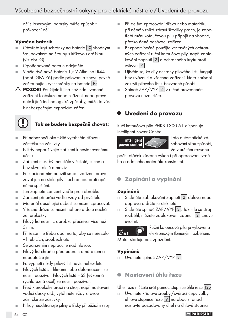 Uvedení do provozu, Zapínání a vypínání, Nastavení úhlu řezu | Parkside PHKS 1300 A1 User Manual | Page 66 / 97