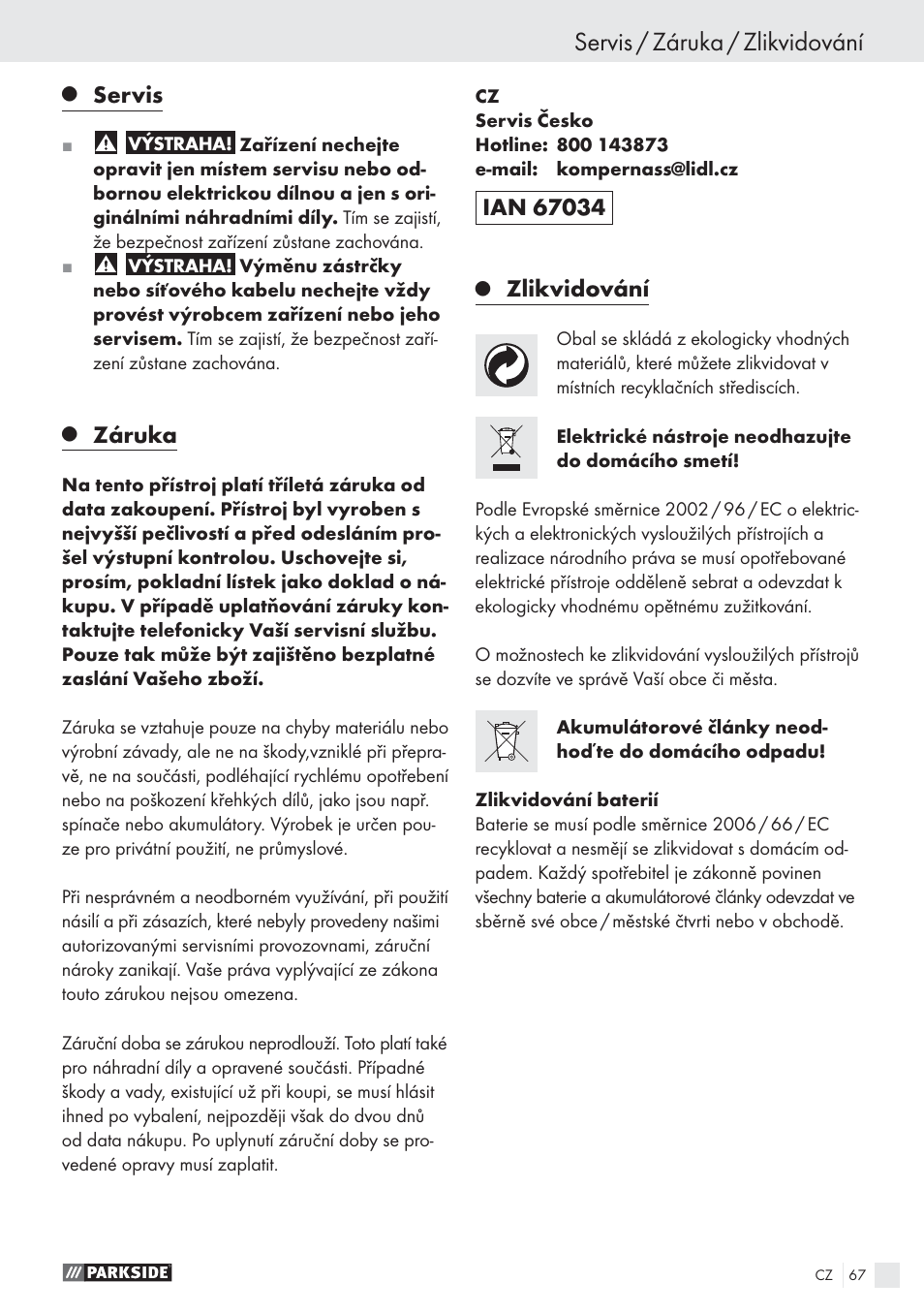 Servis / záruka / zlikvidování, Servis, Záruka | Zlikvidování | Parkside PHKS 1300 A1 User Manual | Page 69 / 97