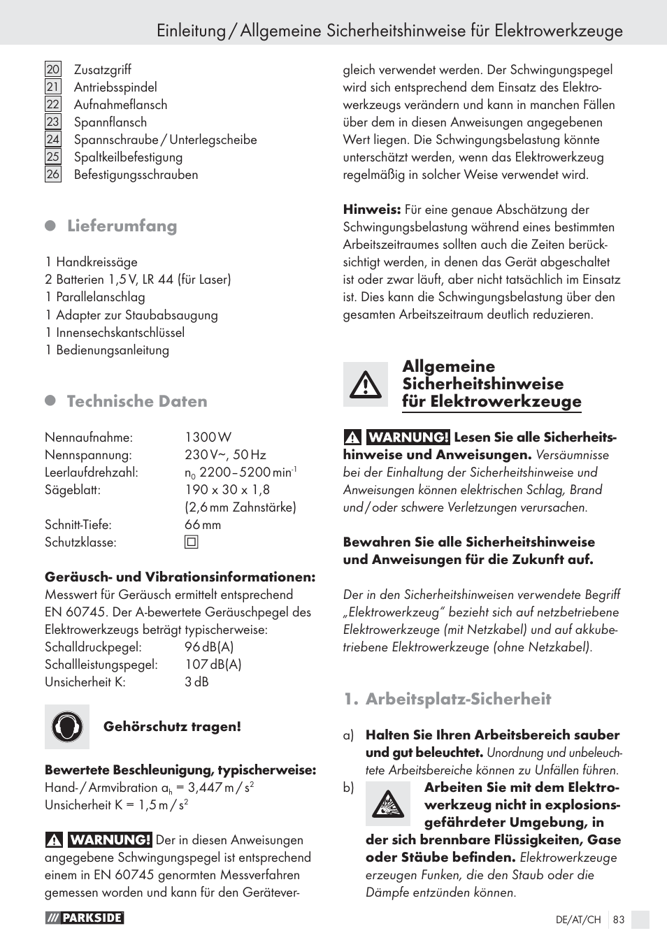 Lieferumfang, Technische daten, Arbeitsplatz-sicherheit | Parkside PHKS 1300 A1 User Manual | Page 85 / 97