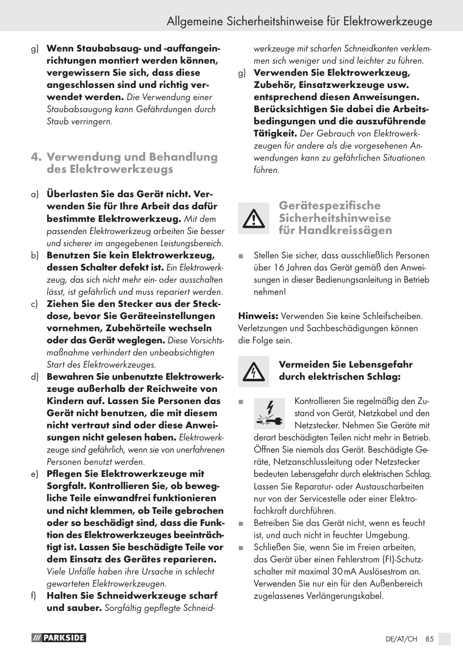 Verwendung und behandlung des elektrowerkzeugs | Parkside PHKS 1300 A1 User Manual | Page 87 / 97