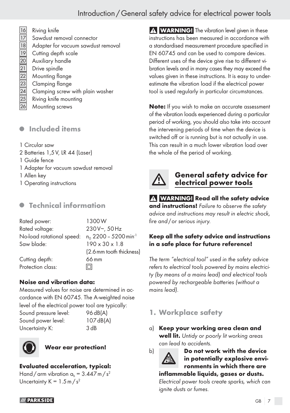 Included items, Technical information, General safety advice for electrical power tools | Workplace safety | Parkside PHKS 1300 A1 User Manual | Page 9 / 97