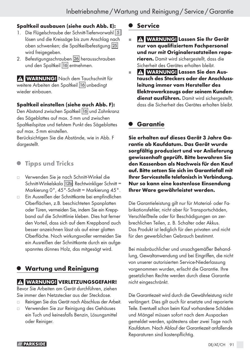 Tipps und tricks, Wartung und reinigung, Service | Garantie | Parkside PHKS 1300 A1 User Manual | Page 93 / 97