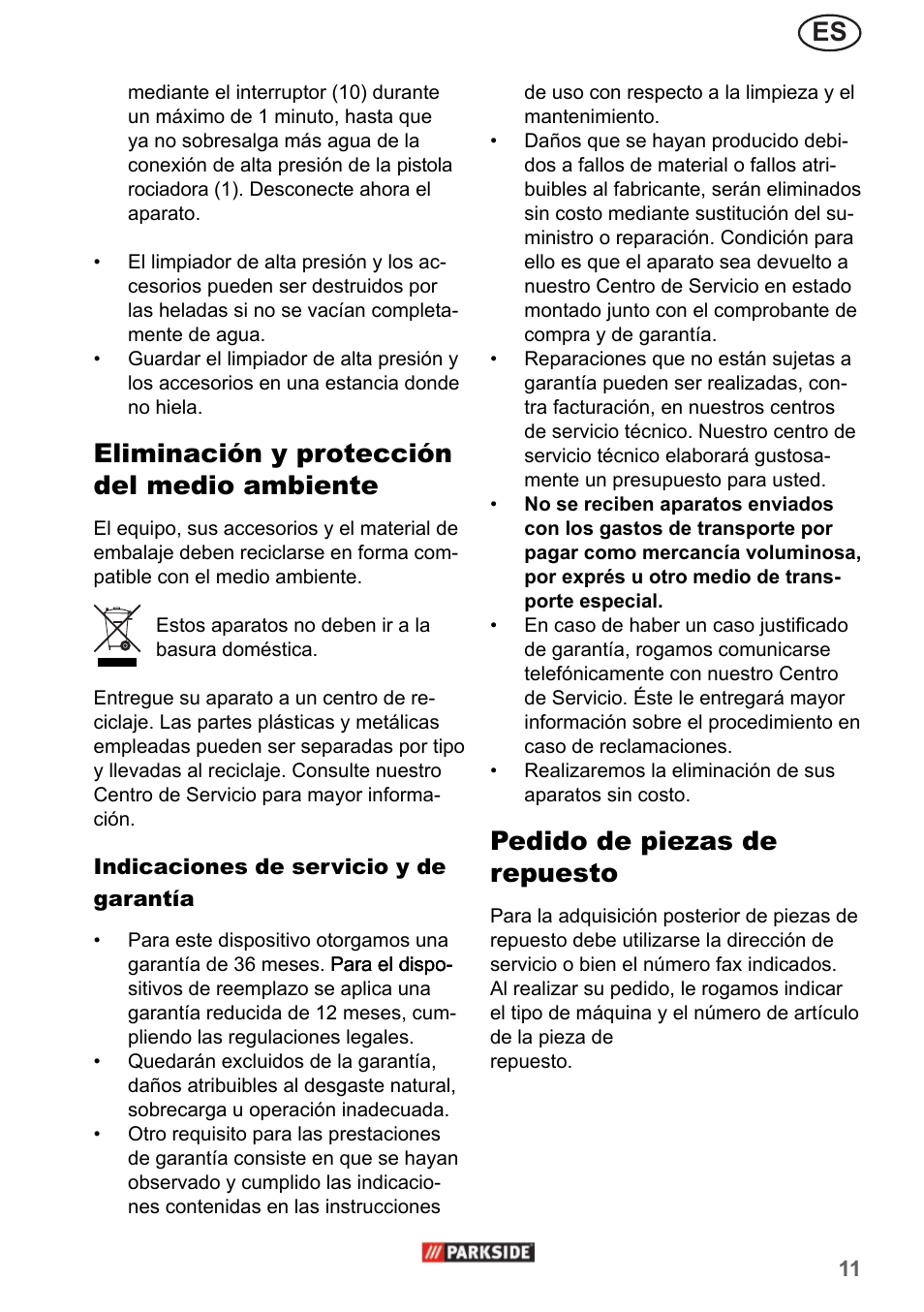 Eliminación y protección del medio ambiente, Pedido de piezas de repuesto | Parkside PHD 150 A1 User Manual | Page 11 / 58