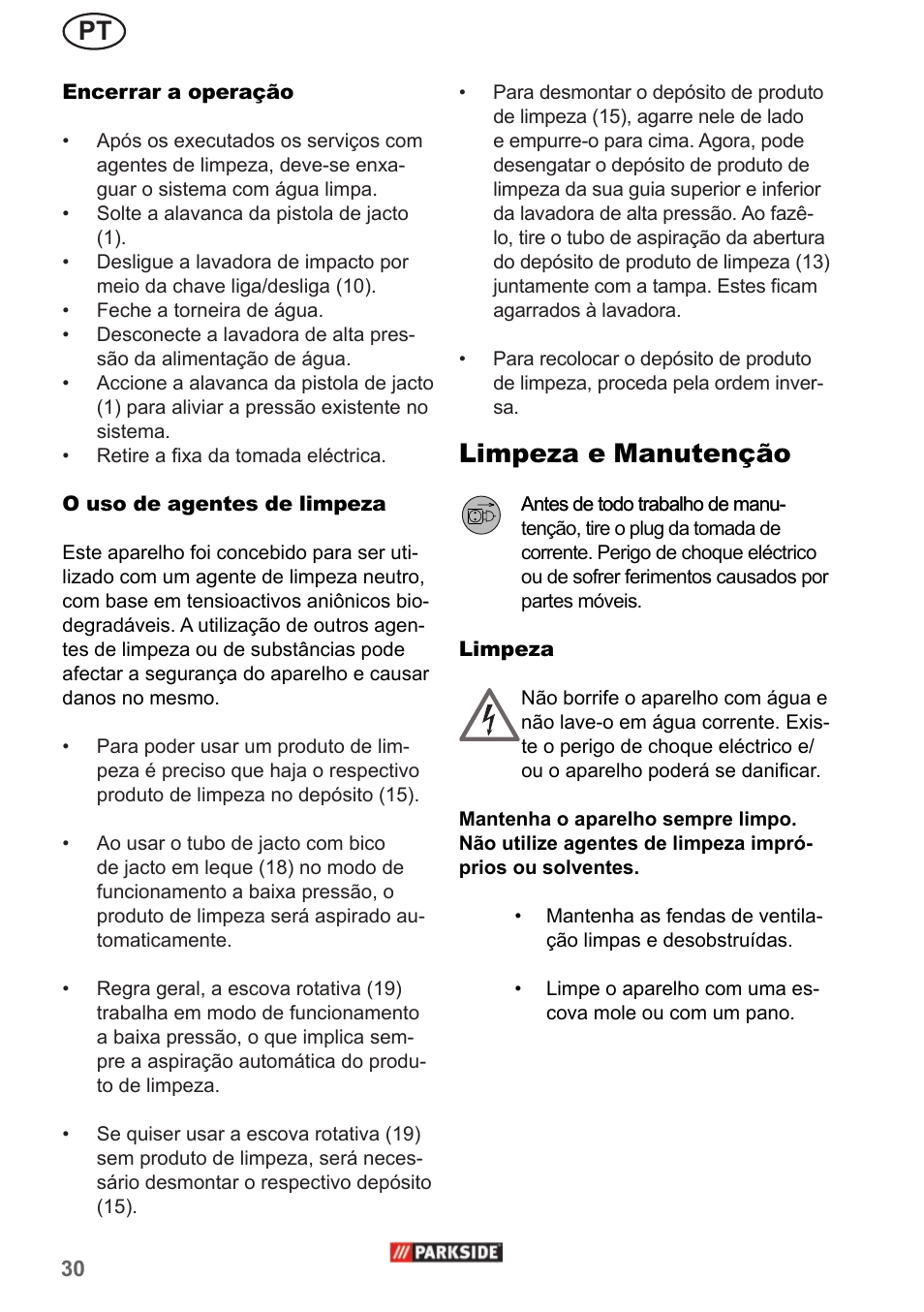 Limpeza e manutenção | Parkside PHD 150 A1 User Manual | Page 30 / 58