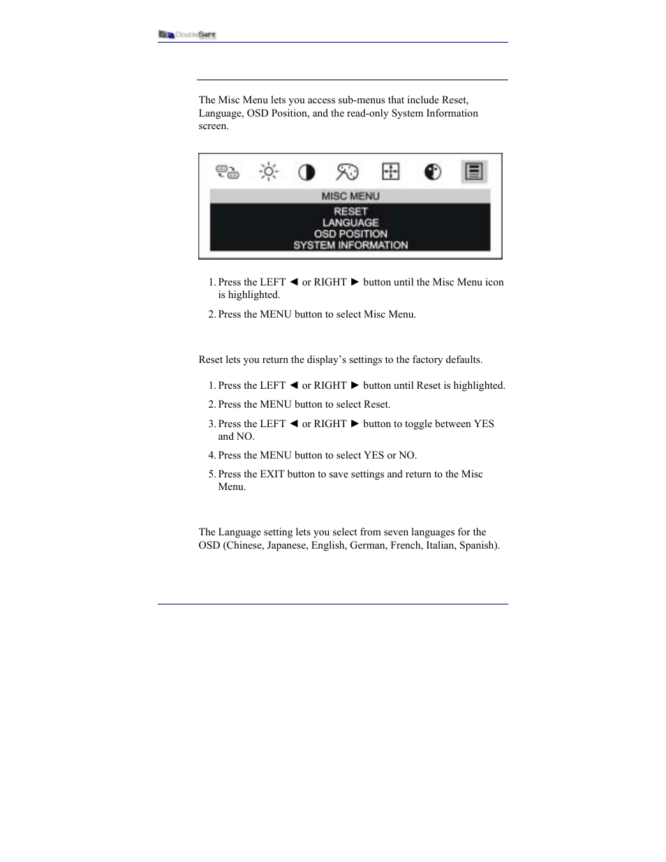 Misc menu | DoubleSight Displays DS-15xx User Manual | Page 34 / 53