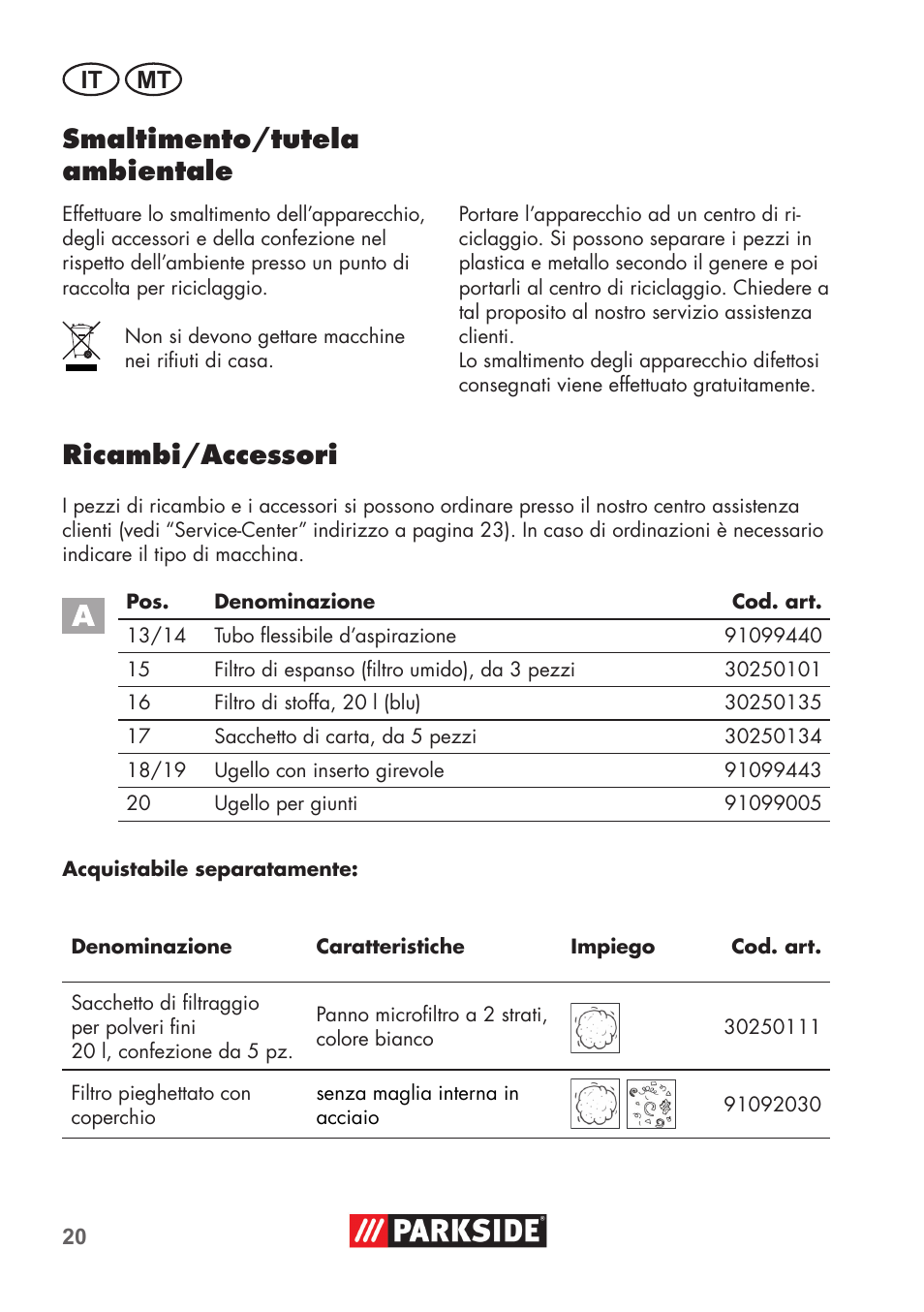 Smaltimento/tutela ambientale, Ricambi/accessori | Parkside PNTS 1300 B2 User Manual | Page 20 / 60