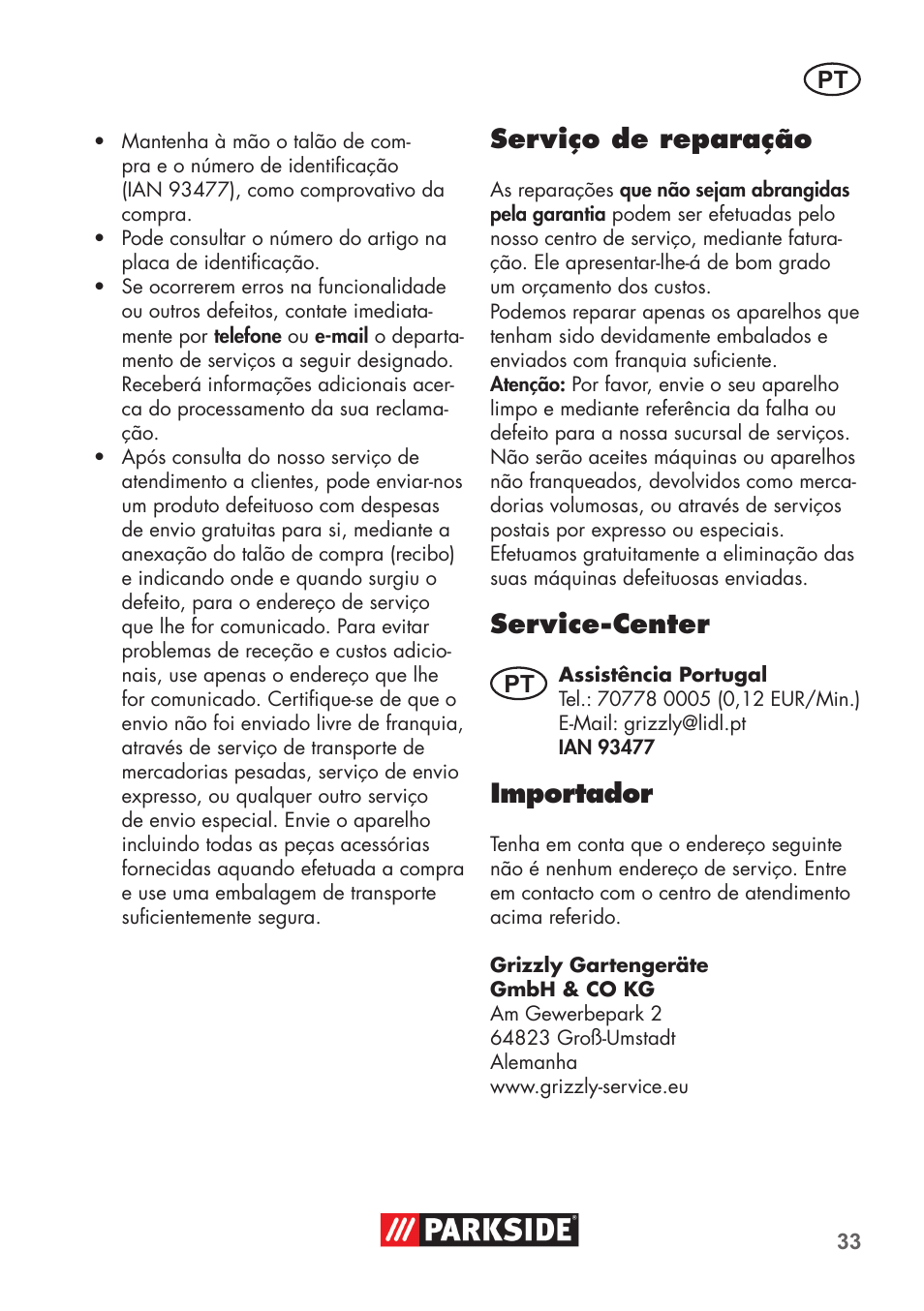 Serviço de reparação, Service-center, Importador | Parkside PNTS 1300 B2 User Manual | Page 33 / 60