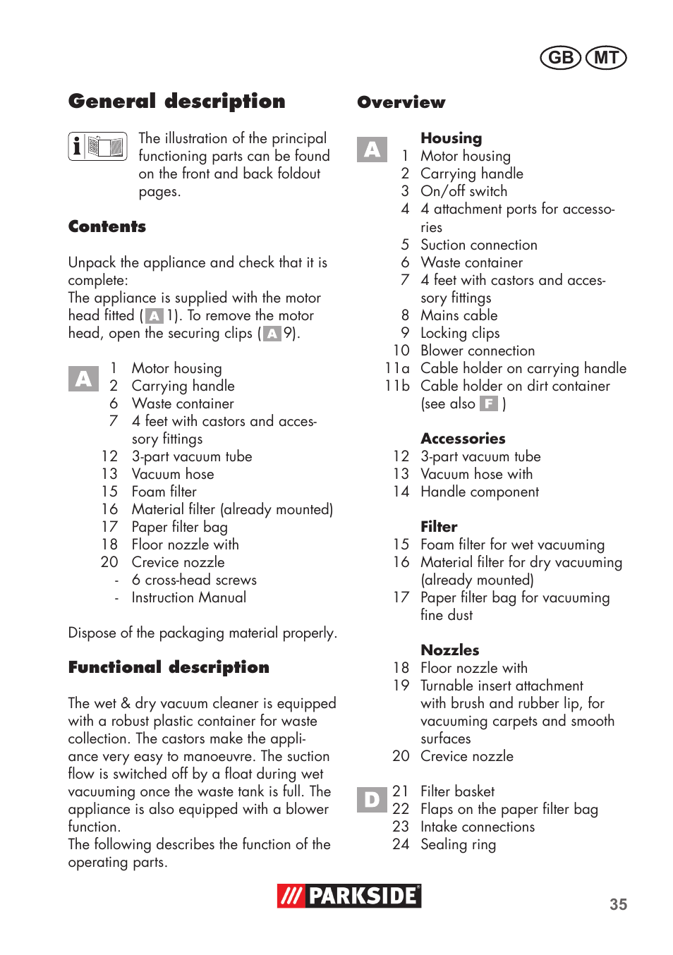 General description, Gb mt | Parkside PNTS 1300 B2 User Manual | Page 35 / 60