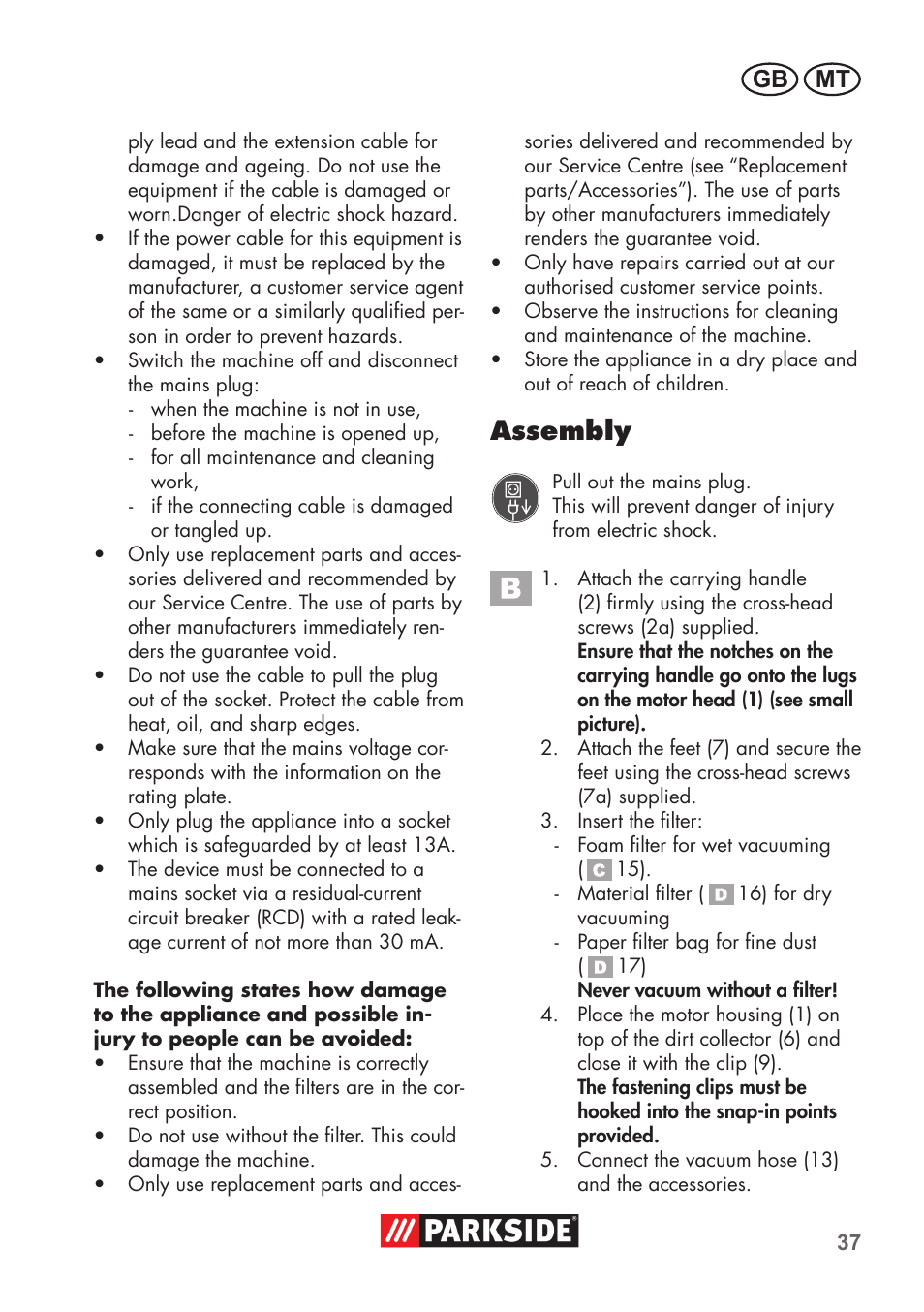 Assembly, Gb mt | Parkside PNTS 1300 B2 User Manual | Page 37 / 60