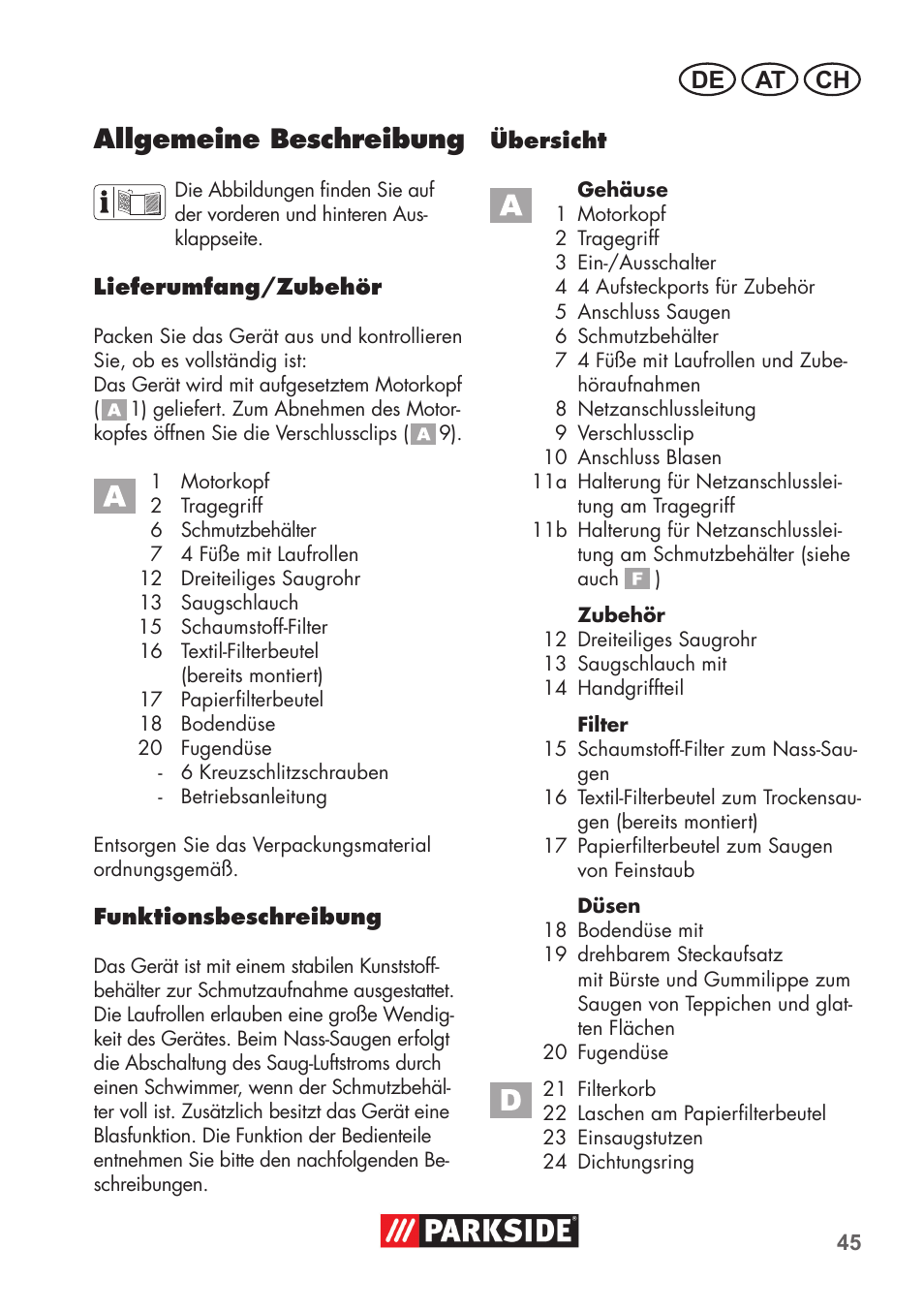 Allgemeine beschreibung, De at ch | Parkside PNTS 1300 B2 User Manual | Page 45 / 60