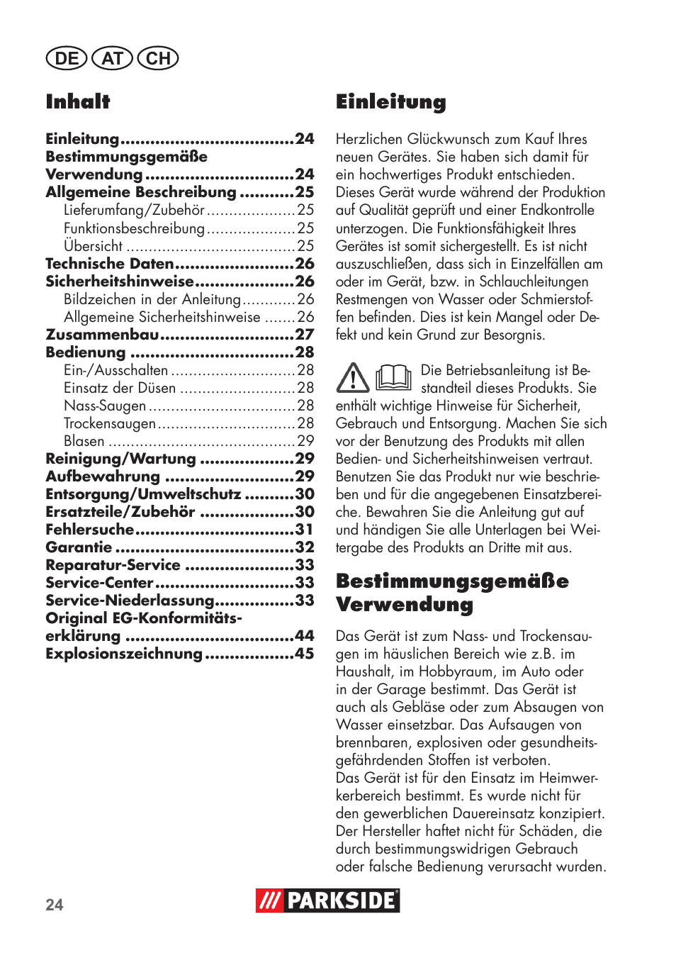 Inhalt, Einleitung, Bestimmungsgemäße verwendung | De at ch | Parkside PNTS 1300 B2 User Manual | Page 24 / 48