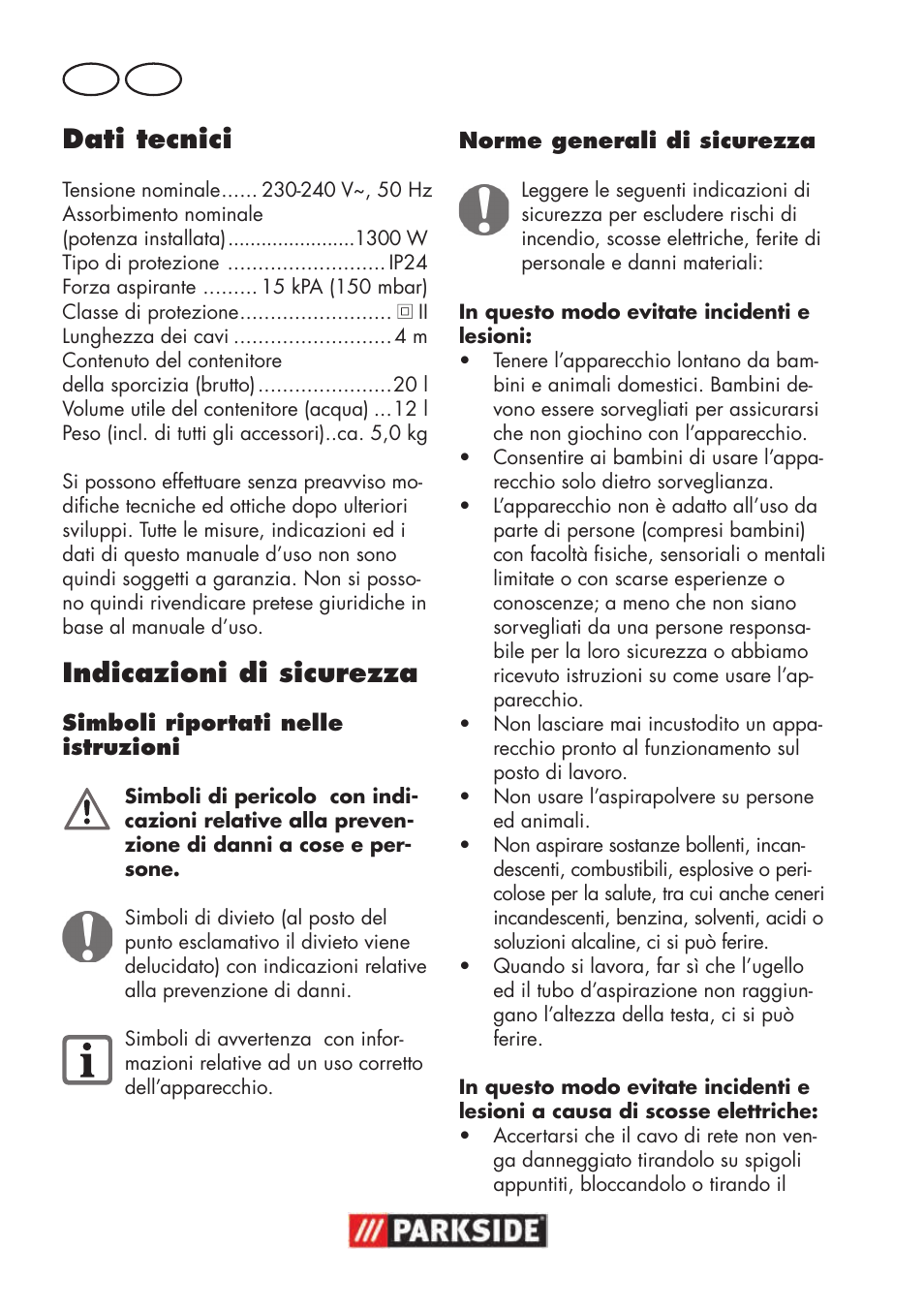 Dati tecnici, Indicazioni di sicurezza, It ch | Parkside PNTS 1300 B2 User Manual | Page 26 / 48