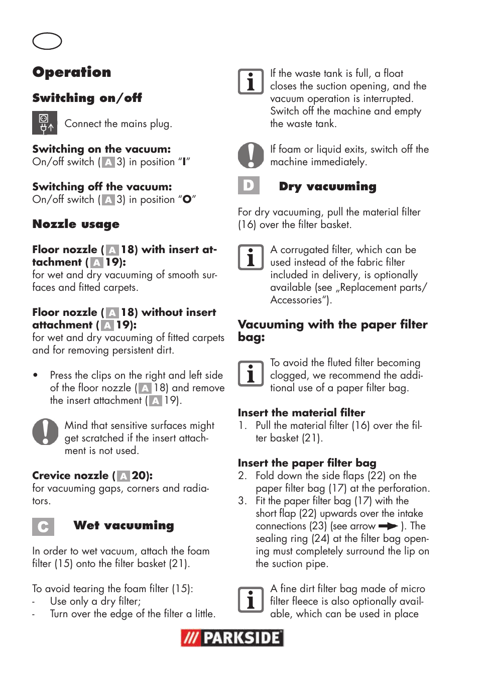 Operation | Parkside PNTS 1300 B2 User Manual | Page 38 / 48