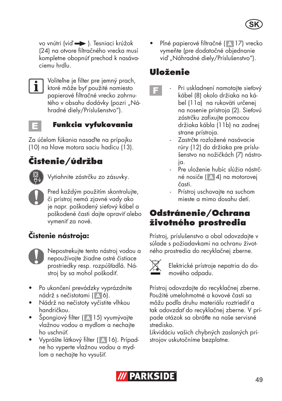 Čistenie/údržba, Uloženie, Odstránenie/ochrana životného prostredia | Parkside PNTS 1300 B2 User Manual | Page 49 / 68