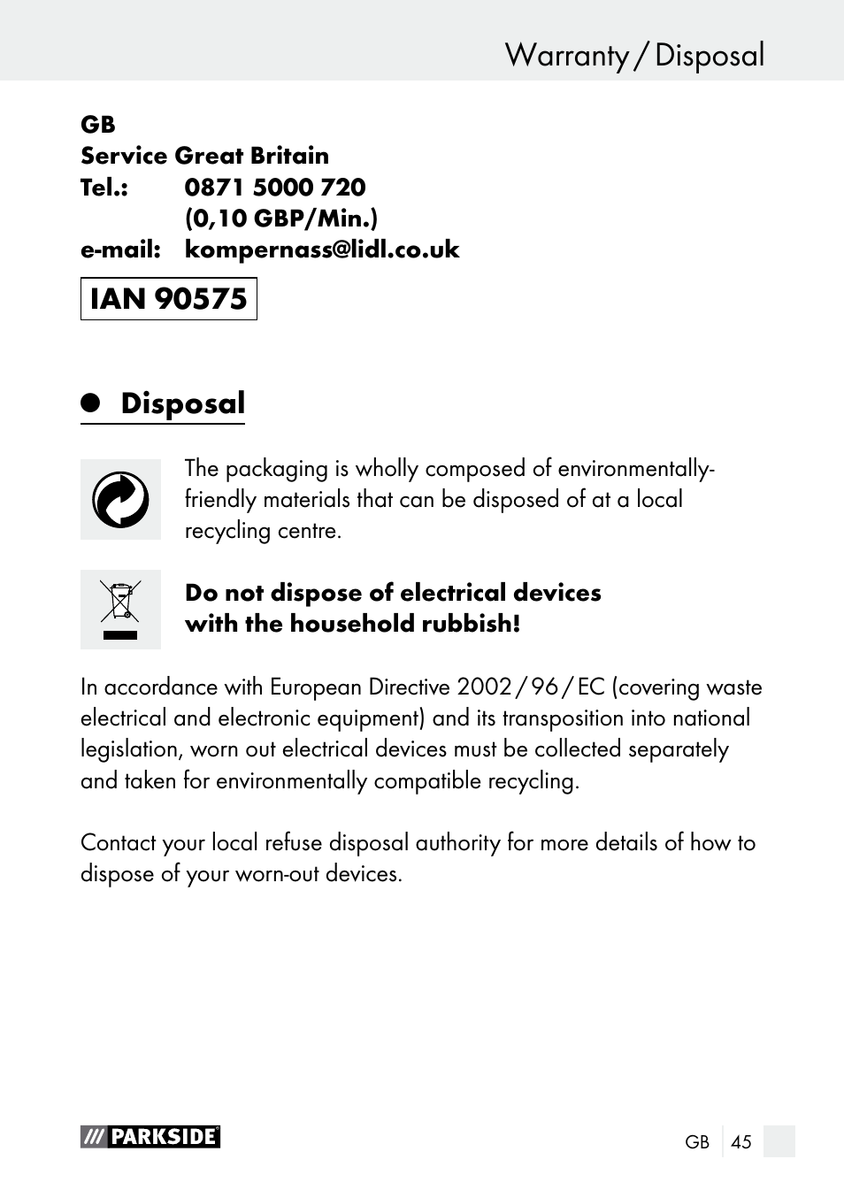 Warranty / disposal service centre / warranty, Disposal | Parkside PLS 48 B1 User Manual | Page 45 / 46