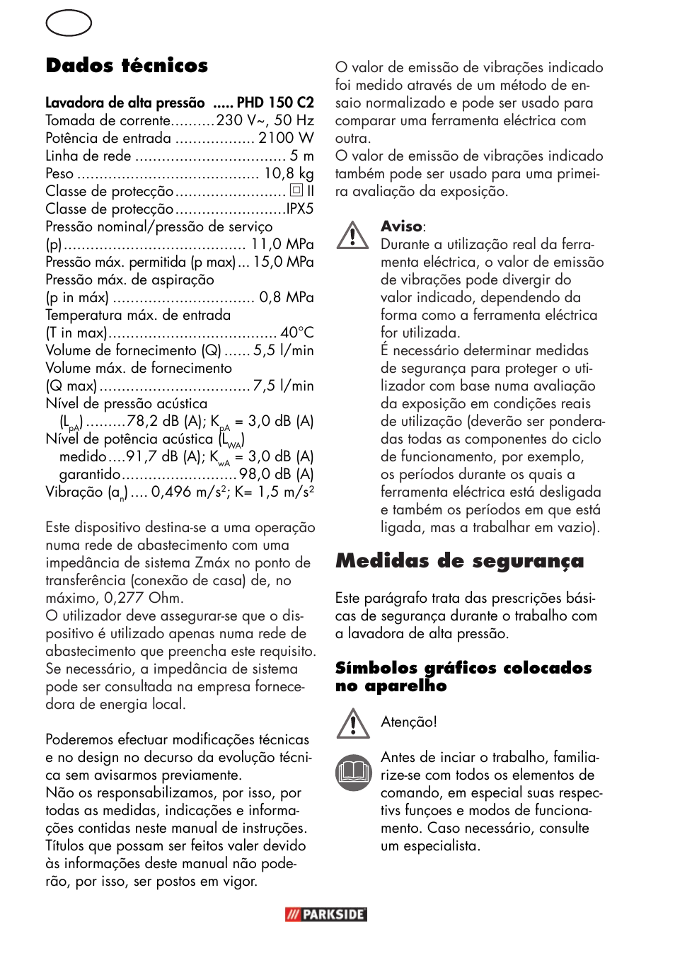 Pt dados técnicos, Medidas de segurança | Parkside PHD 150 C2 User Manual | Page 32 / 70