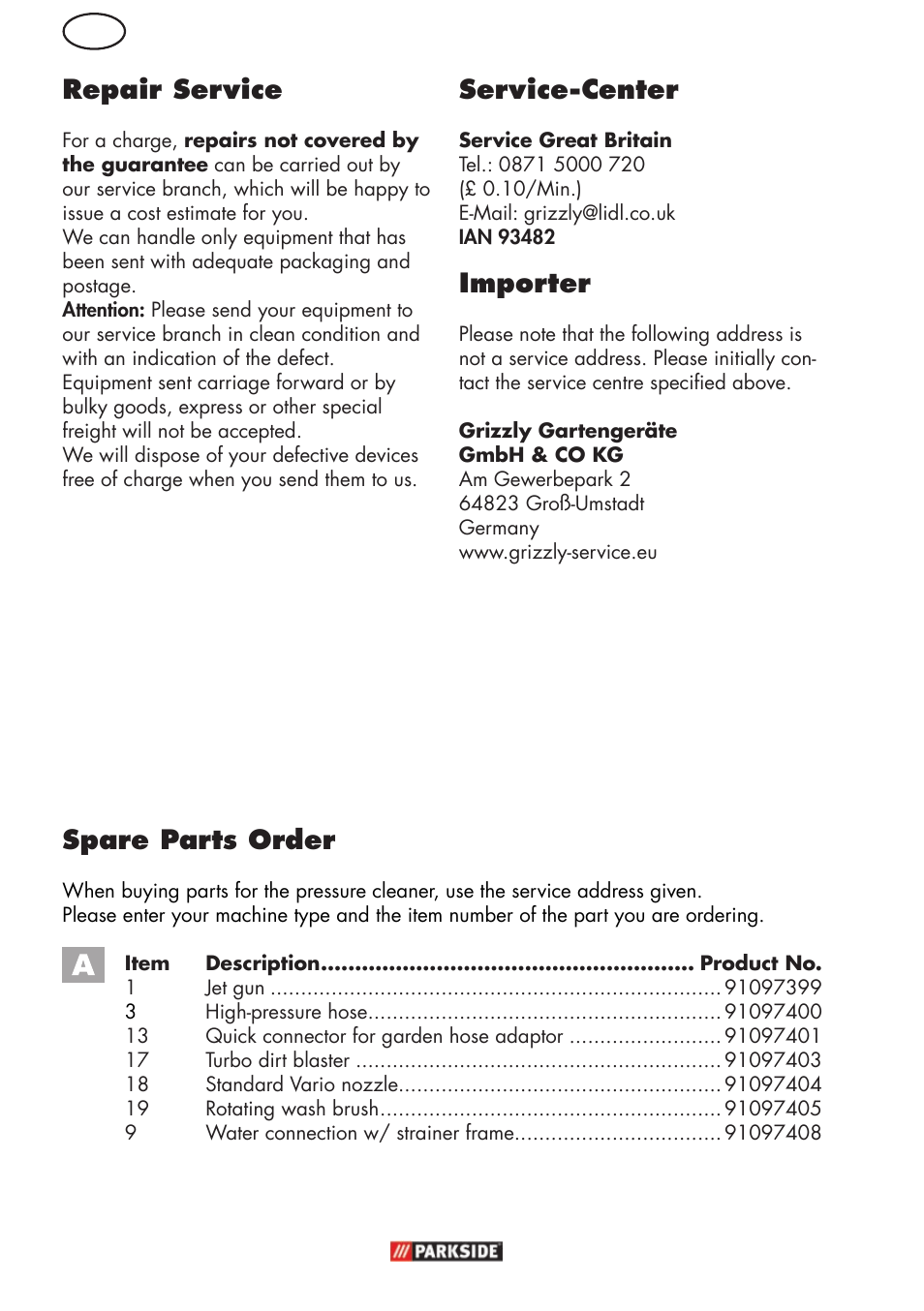Repair service, Service-center, Importer | Spare parts order | Parkside PHD 150 C2 User Manual | Page 14 / 94
