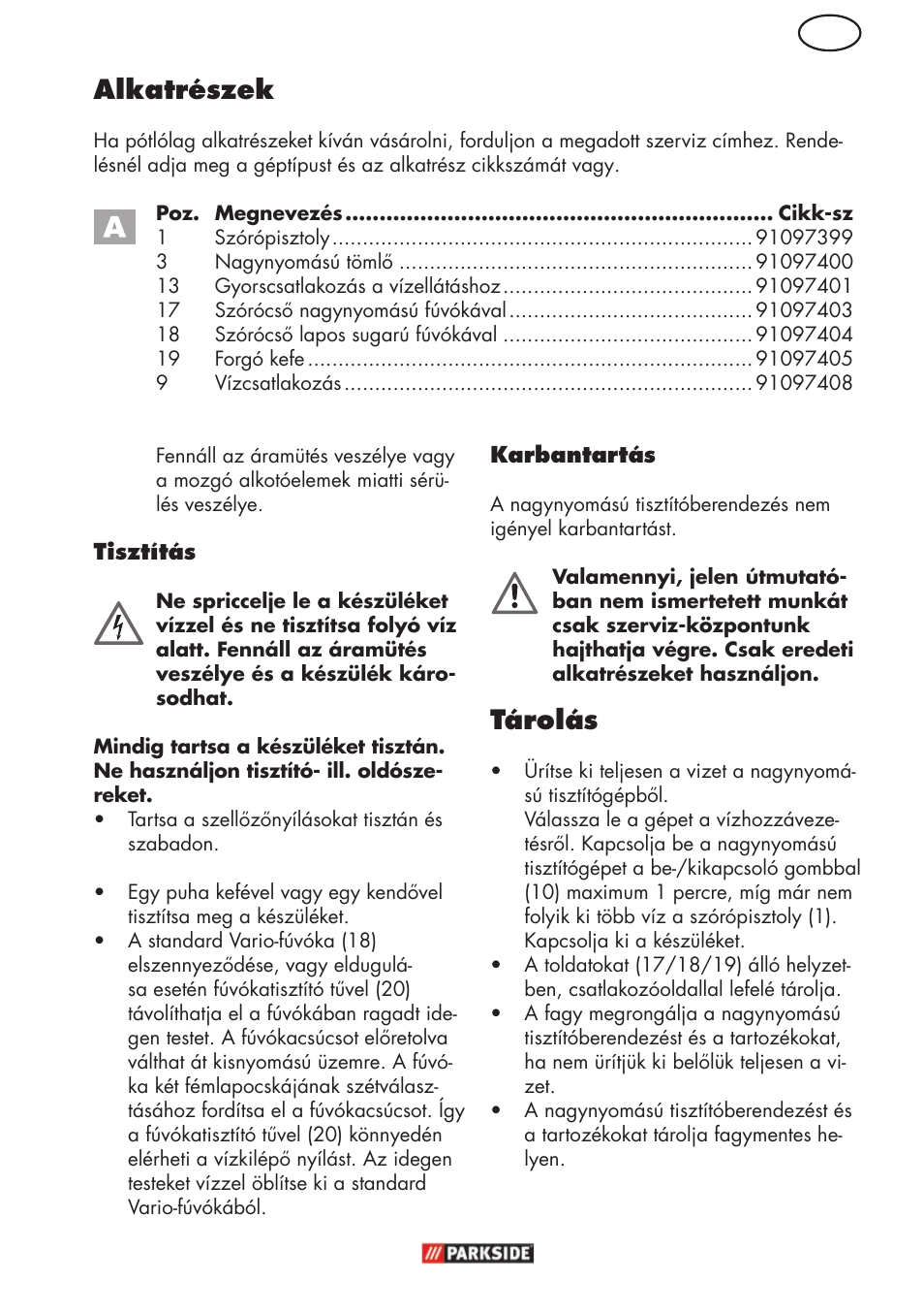 Tárolás, Alkatrészek | Parkside PHD 150 C2 User Manual | Page 37 / 94