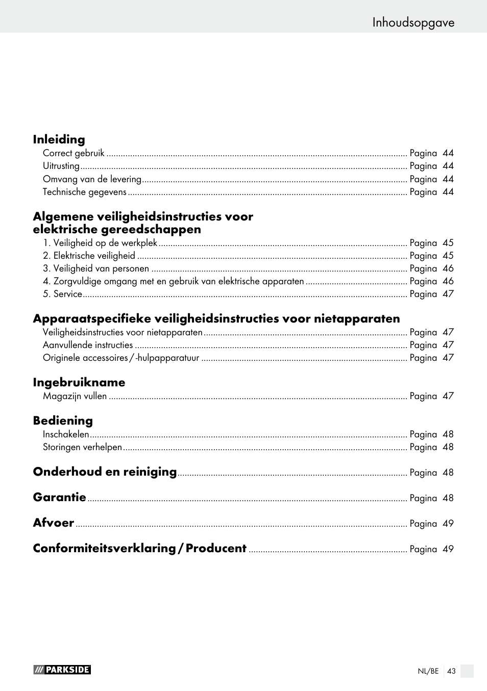 Inhoudsopgave | Parkside PHET 15 A1 User Manual | Page 43 / 58