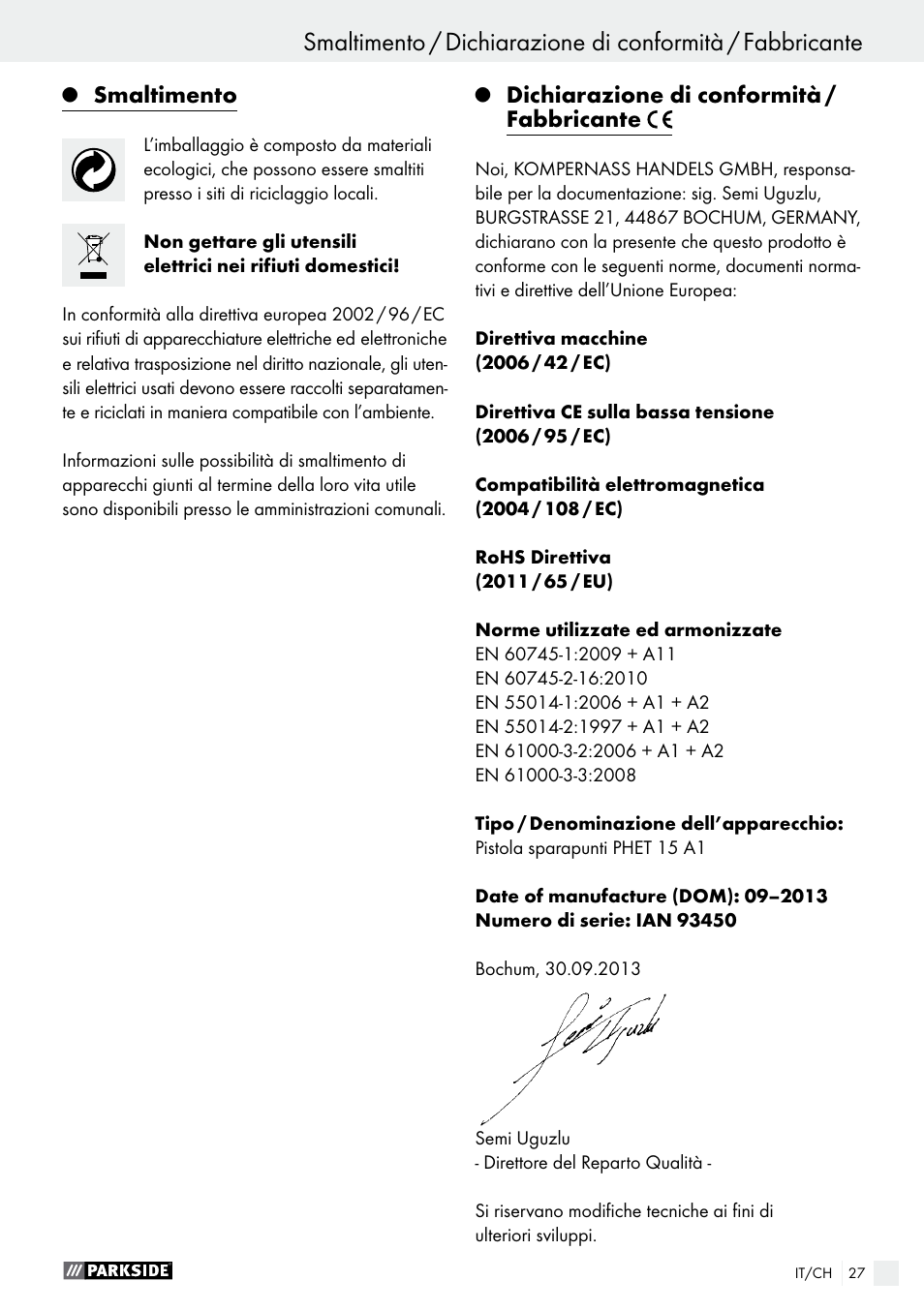Smaltimento, Dichiarazione di conformità / fabbricante | Parkside PHET 15 A1 User Manual | Page 27 / 35