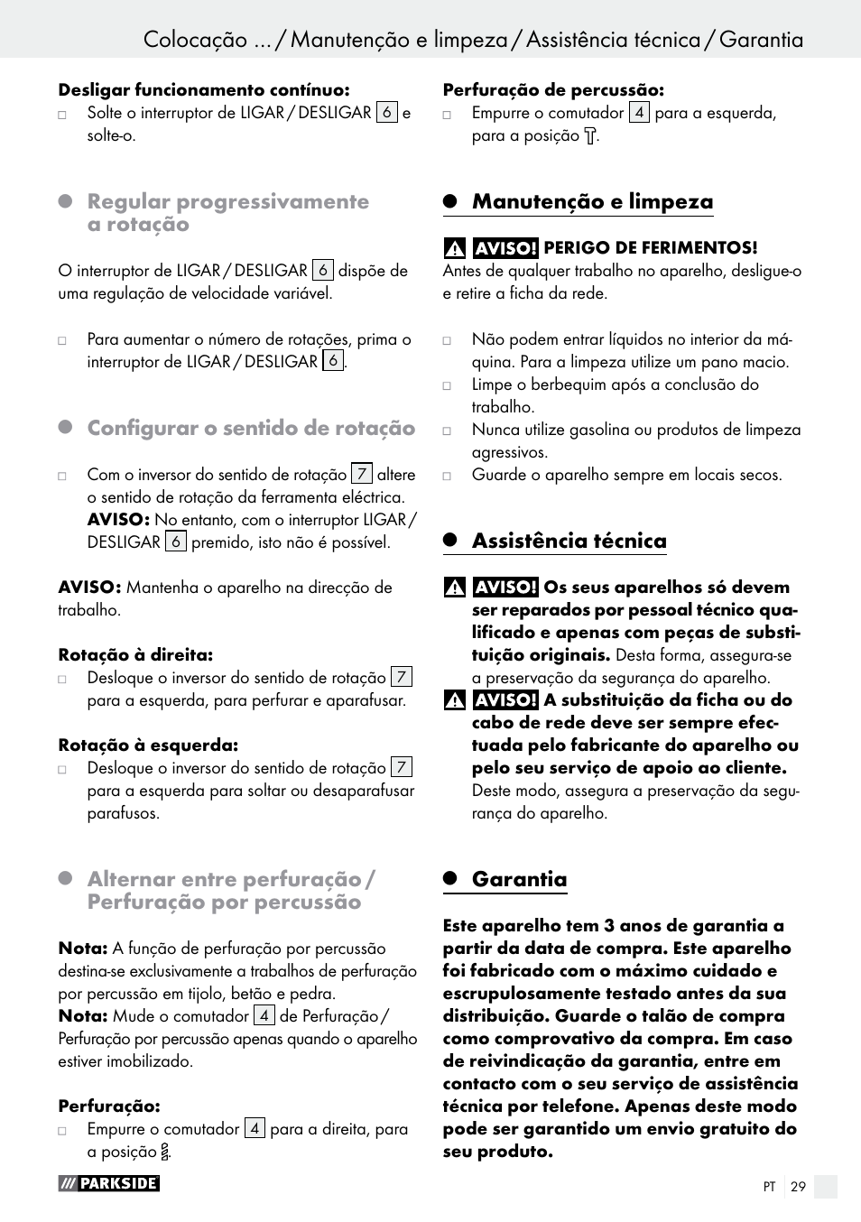 Regular progressivamente a rotação, Configurar o sentido de rotação, Manutenção e limpeza | Assistência técnica, Garantia | Parkside PSBM 500 A2 User Manual | Page 29 / 48
