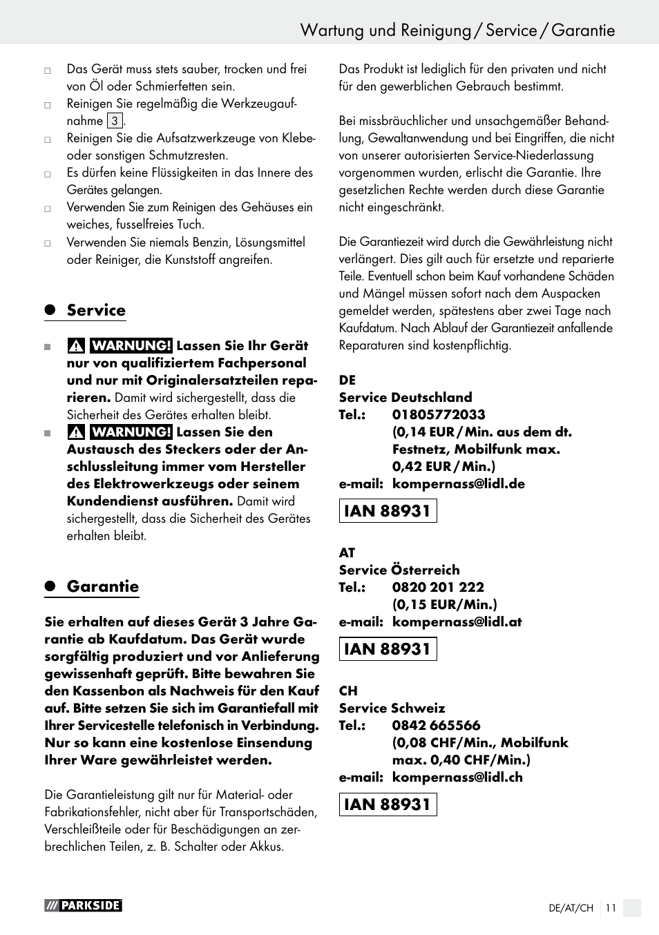 Service, Garantie | Parkside PES 200 B1 User Manual | Page 11 / 37