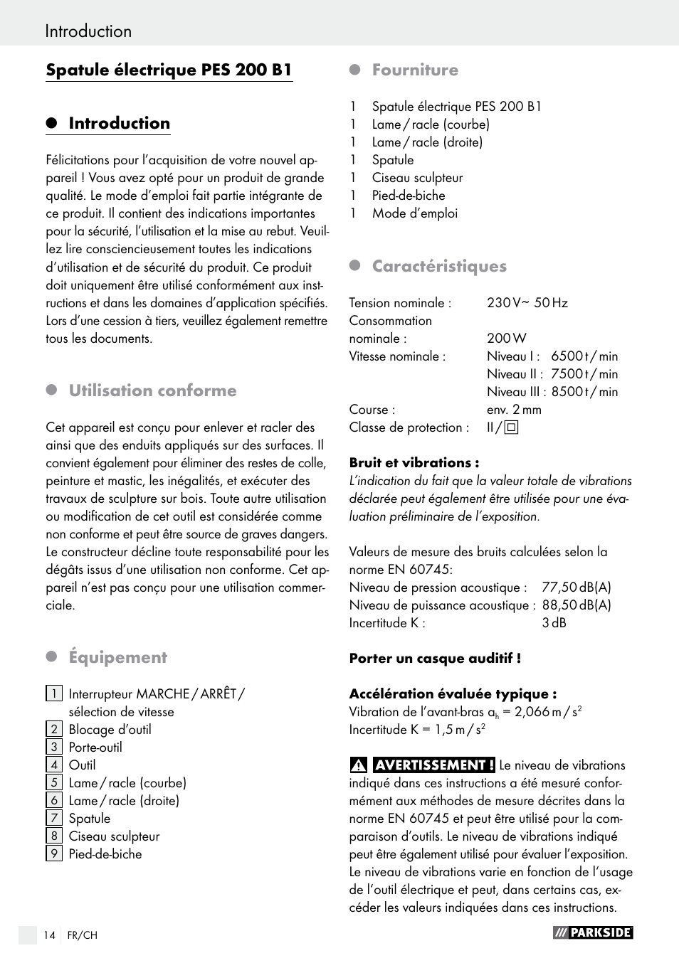 Spatule électrique pes 200 b1, Introduction, Utilisation conforme | Équipement, Fourniture, Caractéristiques | Parkside PES 200 B1 User Manual | Page 14 / 37