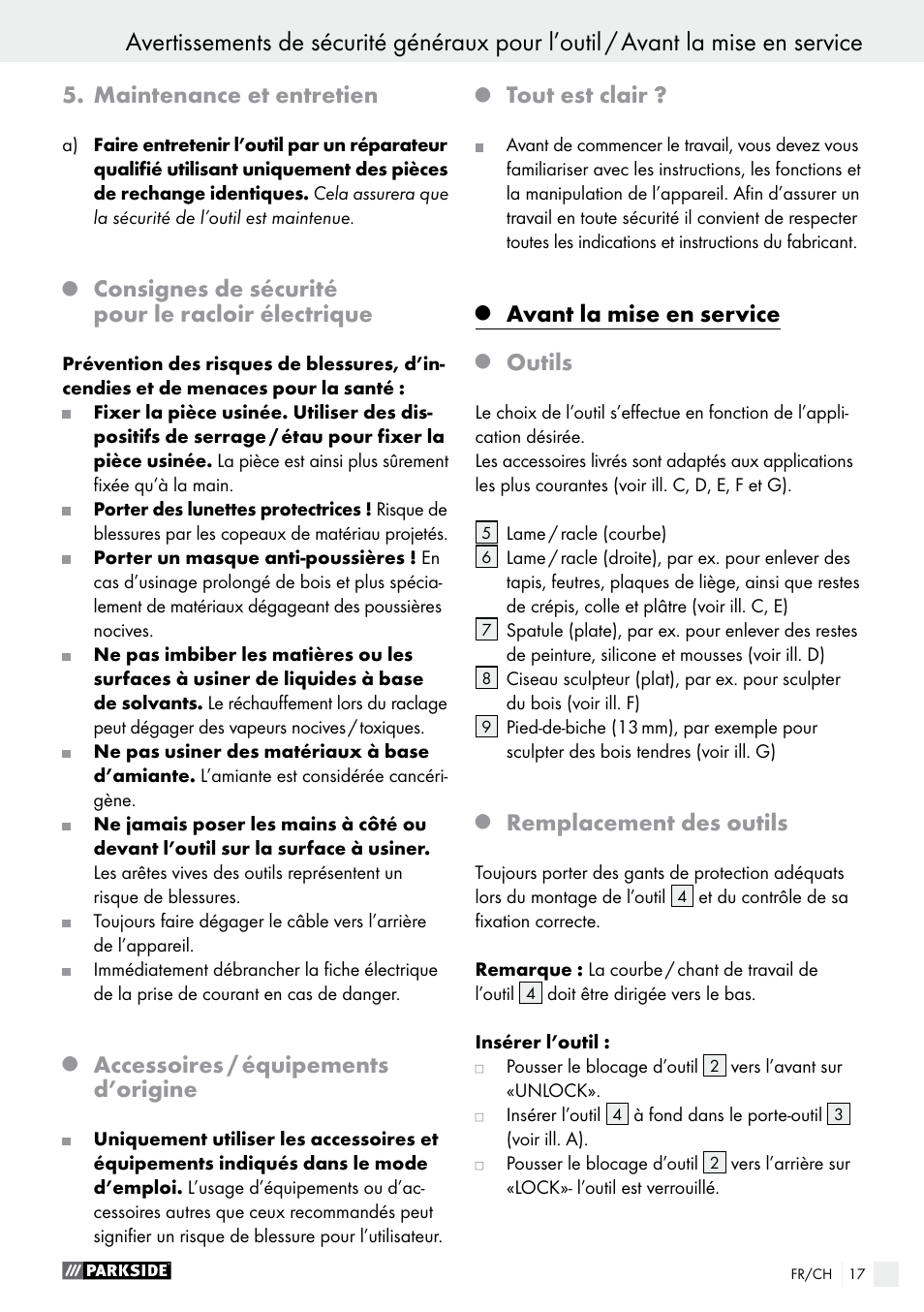 Maintenance et entretien, Consignes de sécurité pour le racloir électrique, Accessoires / équipements d’origine | Tout est clair, Avant la mise en service, Outils, Remplacement des outils | Parkside PES 200 B1 User Manual | Page 17 / 37