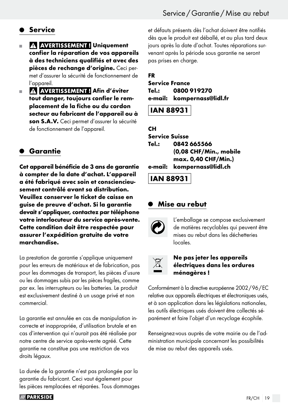 Service, Garantie, Mise au rebut | Parkside PES 200 B1 User Manual | Page 19 / 37