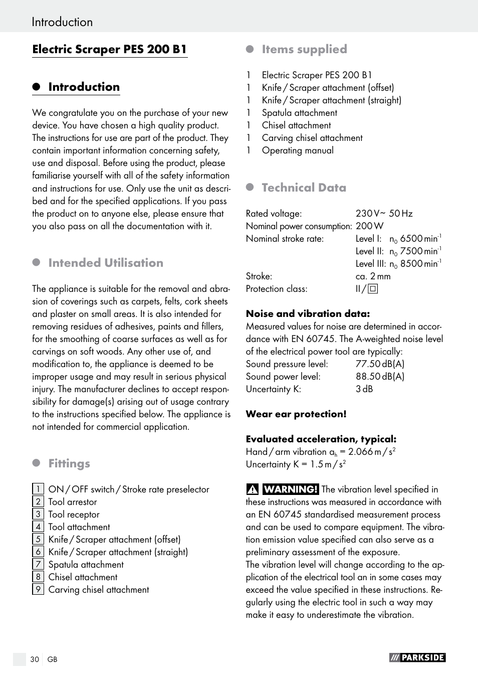 Electric scraper pes 200 b1, Introduction, Intended utilisation | Fittings, Items supplied, Technical data | Parkside PES 200 B1 User Manual | Page 30 / 37