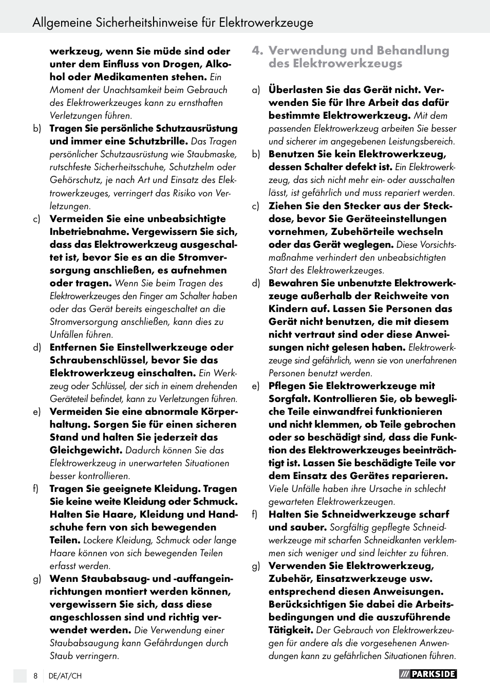 Verwendung und behandlung des elektrowerkzeugs | Parkside PES 200 B1 User Manual | Page 8 / 37