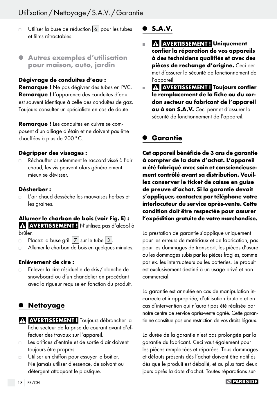 Nettoyage, S.a.v, Garantie | Parkside PHLG 2000 B1 User Manual | Page 18 / 36
