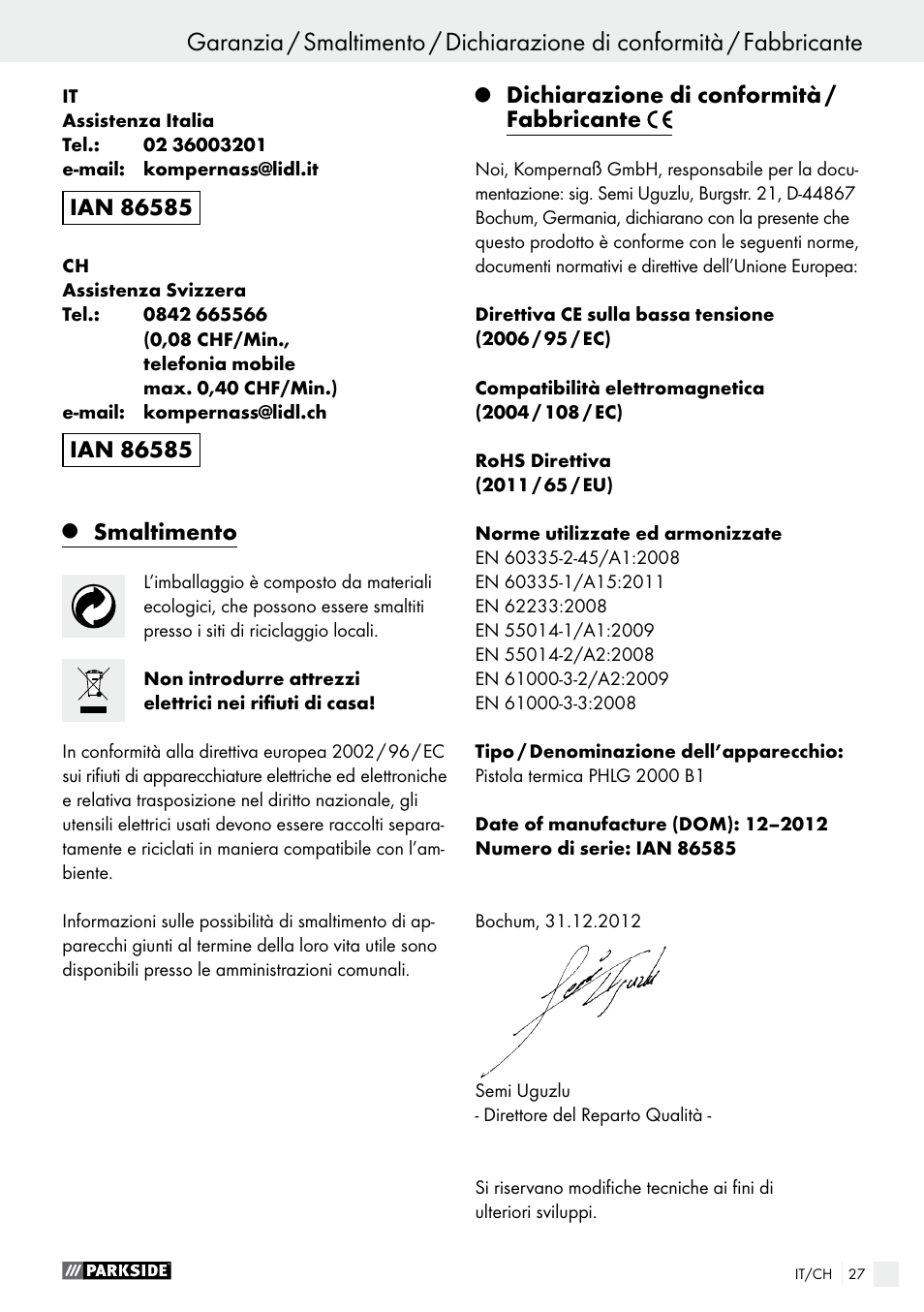 Smaltimento, Dichiarazione di conformità / fabbricante | Parkside PHLG 2000 B1 User Manual | Page 27 / 36