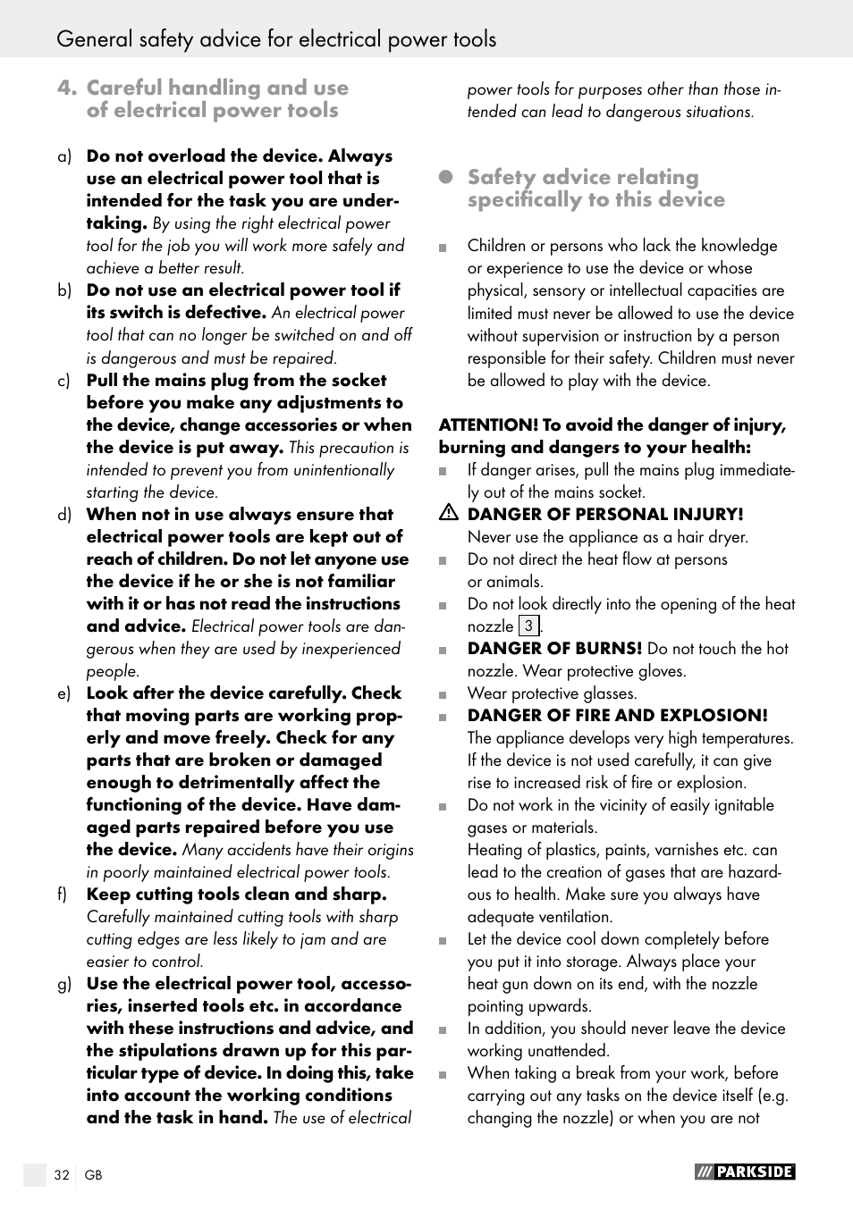 Careful handling and use of electrical power tools, Safety advice relating specifically to this device | Parkside PHLG 2000 B1 User Manual | Page 32 / 36