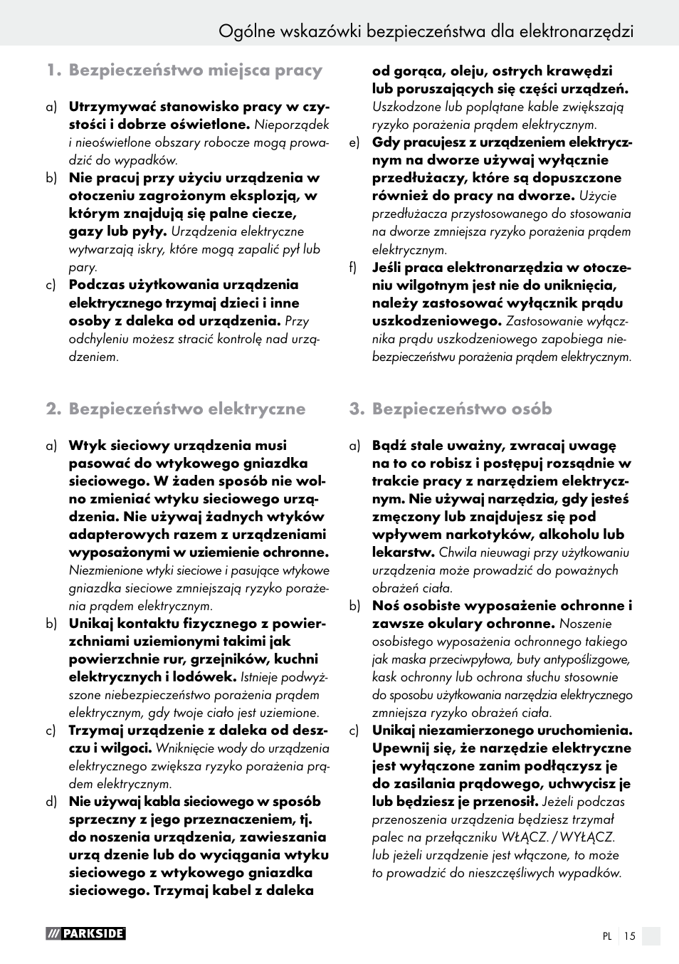 Bezpieczeństwo miejsca pracy, Bezpieczeństwo elektryczne, Bezpieczeństwo osób | Parkside PHLG 2000 B1 User Manual | Page 15 / 61