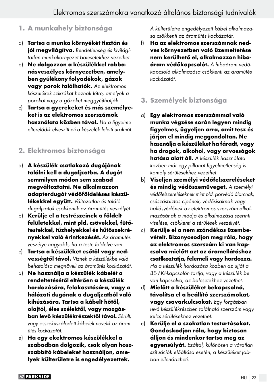 A munkahely biztonsága, Elektromos biztonsága, Személyek biztonsága | Parkside PHLG 2000 B1 User Manual | Page 23 / 61