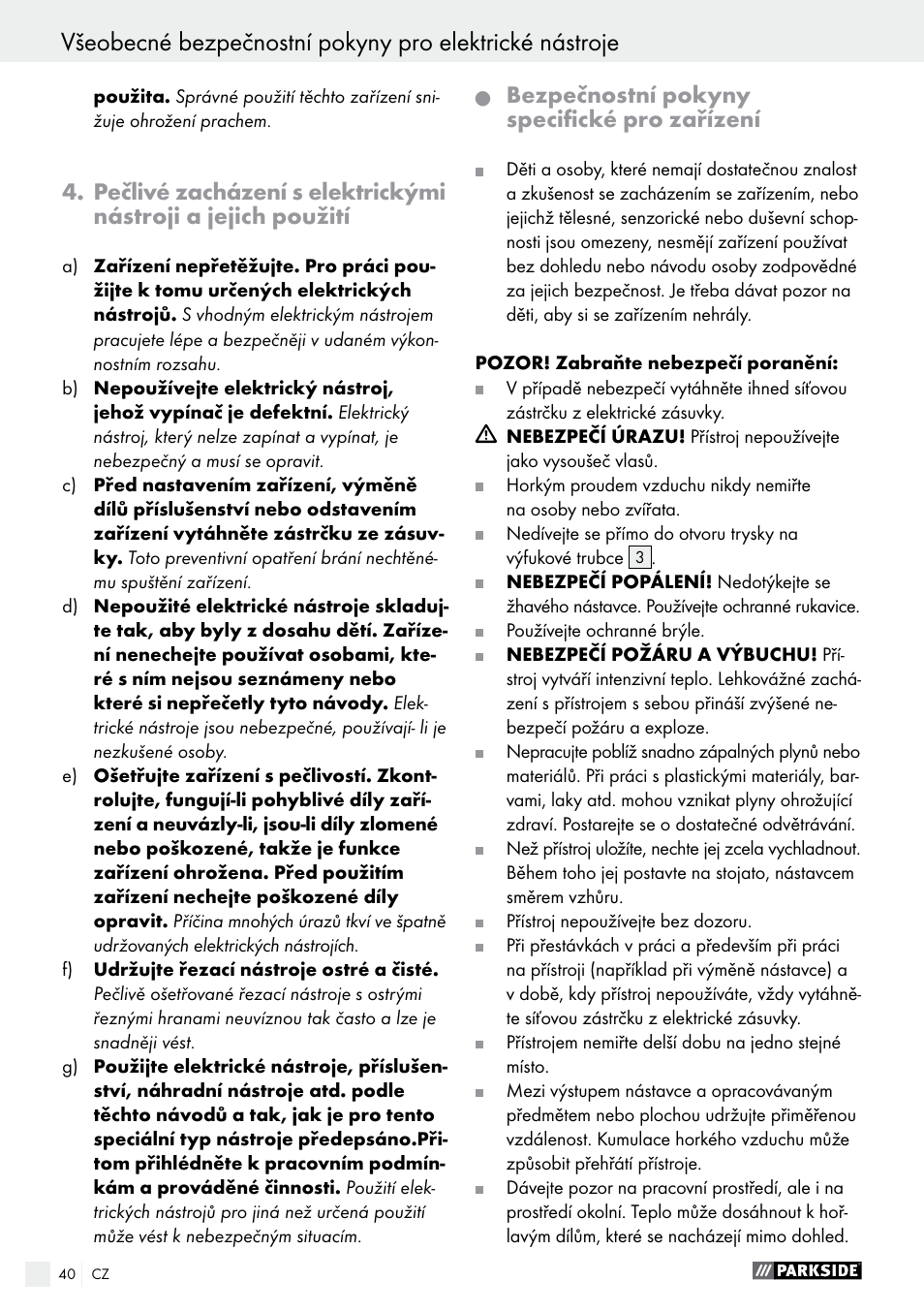 Bezpečnostní pokyny specifické pro zařízení | Parkside PHLG 2000 B1 User Manual | Page 40 / 61