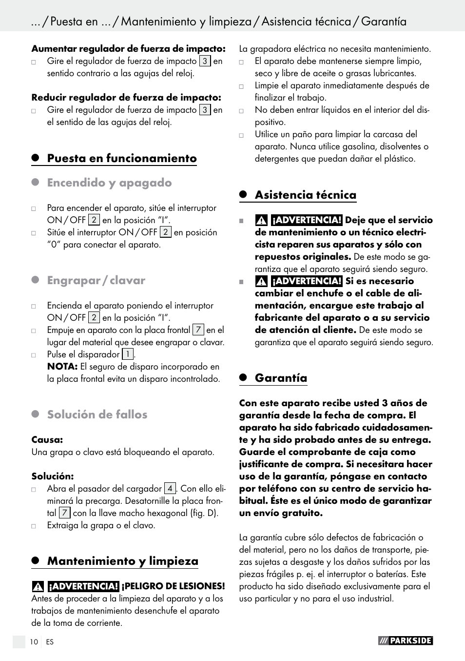 Puesta en funcionamiento, Encendido y apagado, Engrapar / clavar | Solución de fallos, Mantenimiento y limpieza, Asistencia técnica, Garantía | Parkside PET 25 A1 User Manual | Page 10 / 45