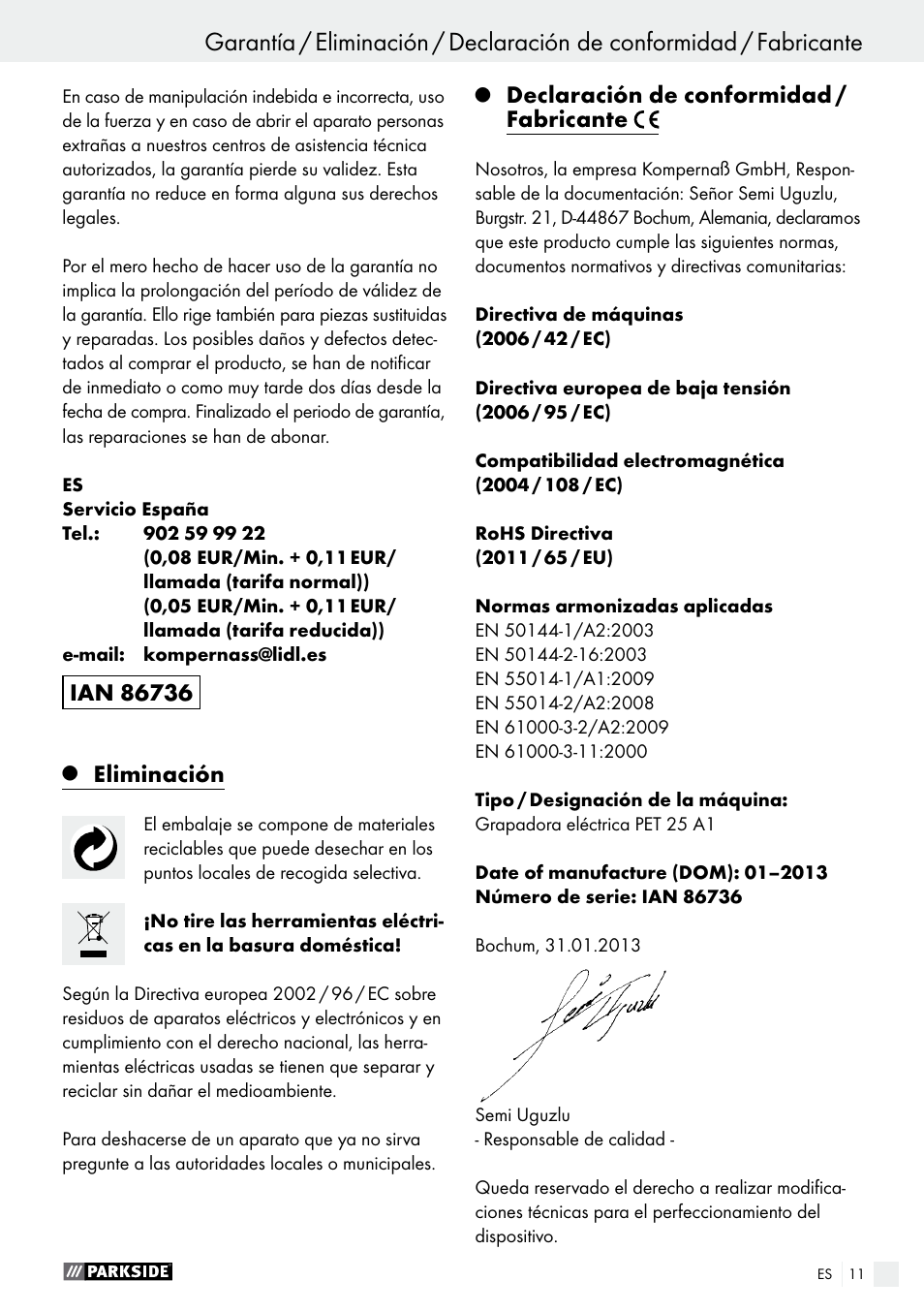 Eliminación, Declaración de conformidad / fabricante | Parkside PET 25 A1 User Manual | Page 11 / 45