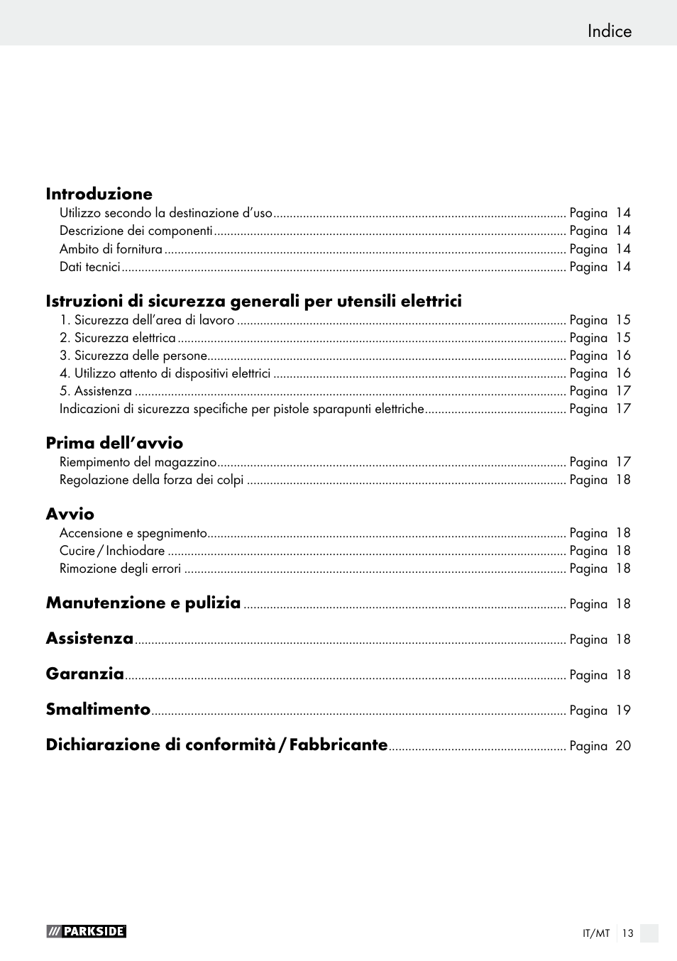 Indice | Parkside PET 25 A1 User Manual | Page 13 / 45