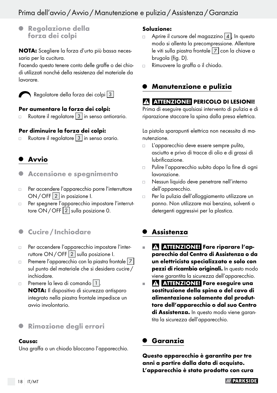 Regolazione della forza dei colpi, Avvio, Accensione e spegnimento | Cucire / inchiodare, Rimozione degli errori, Manutenzione e pulizia, Assistenza, Garanzia | Parkside PET 25 A1 User Manual | Page 18 / 45