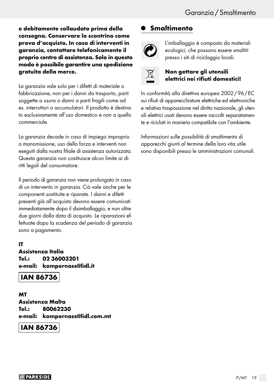 Smaltimento | Parkside PET 25 A1 User Manual | Page 19 / 45