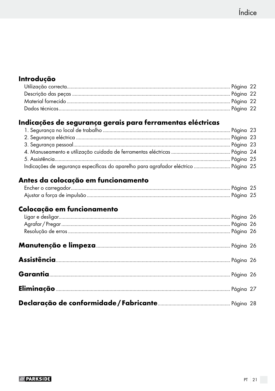 Índice, Dichiarazione di conformità / fabbricante | Parkside PET 25 A1 User Manual | Page 21 / 45