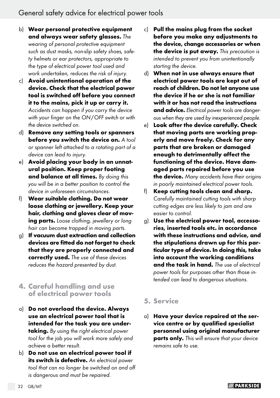 Careful handling and use of electrical power tools, Service | Parkside PET 25 A1 User Manual | Page 32 / 45