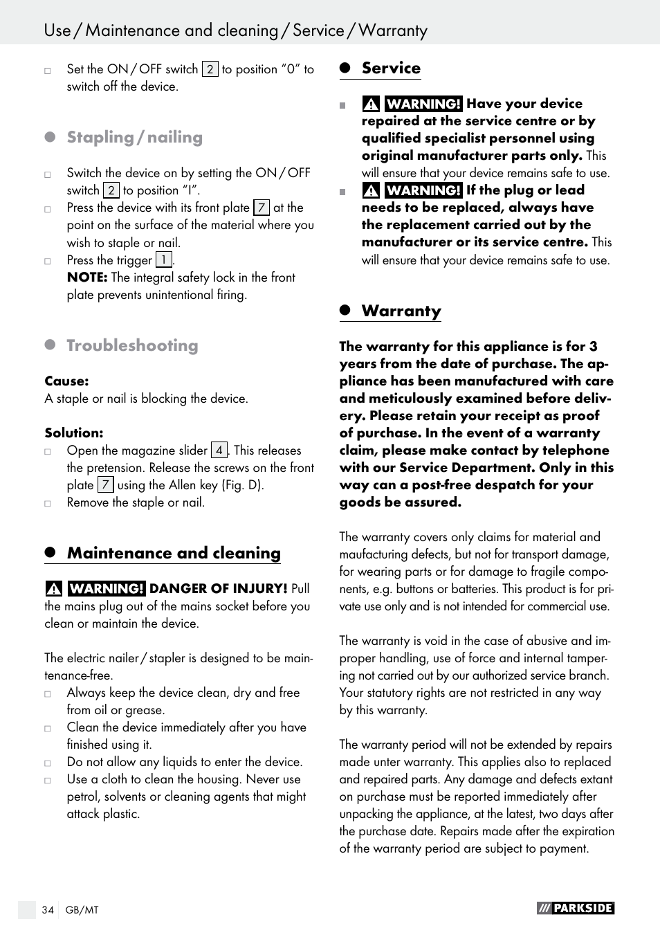 Stapling / nailing, Troubleshooting, Maintenance and cleaning | Service, Warranty | Parkside PET 25 A1 User Manual | Page 34 / 45