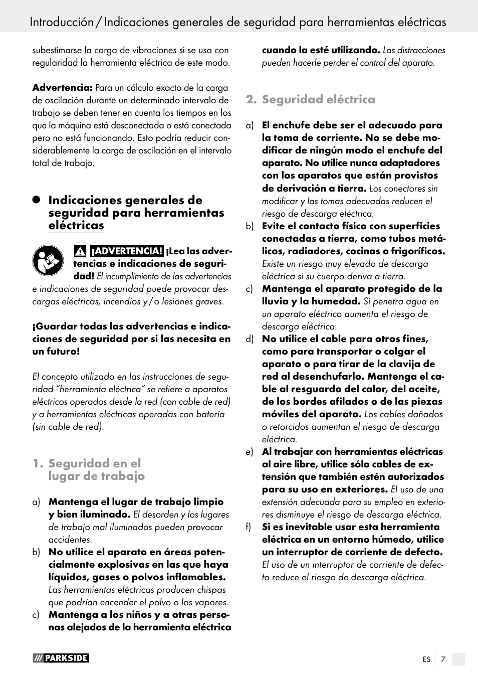 Seguridad en el lugar de trabajo, Seguridad eléctrica | Parkside PET 25 A1 User Manual | Page 7 / 45