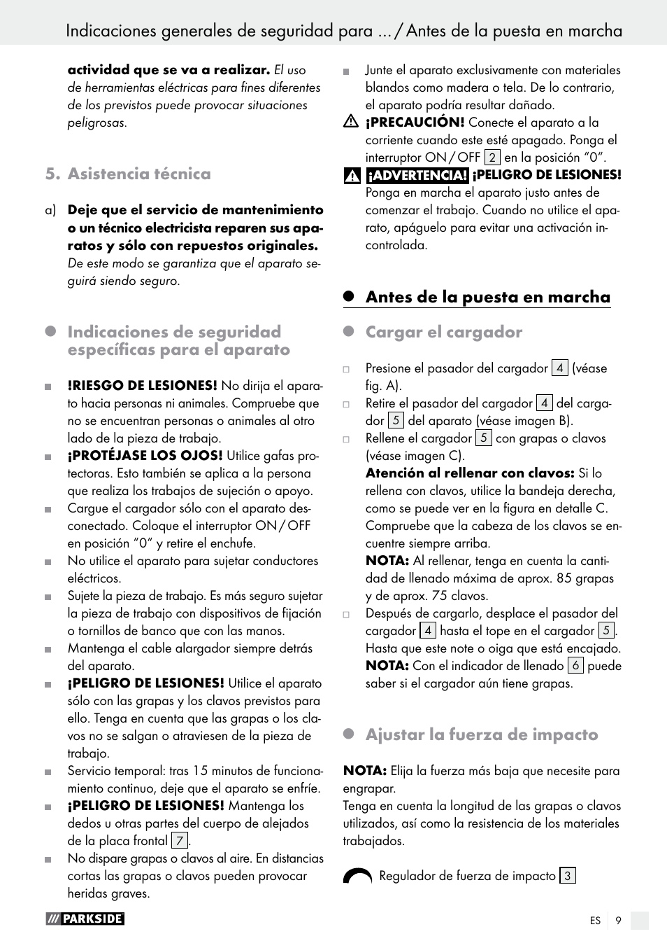 Asistencia técnica, Antes de la puesta en marcha, Cargar el cargador | Ajustar la fuerza de impacto | Parkside PET 25 A1 User Manual | Page 9 / 45