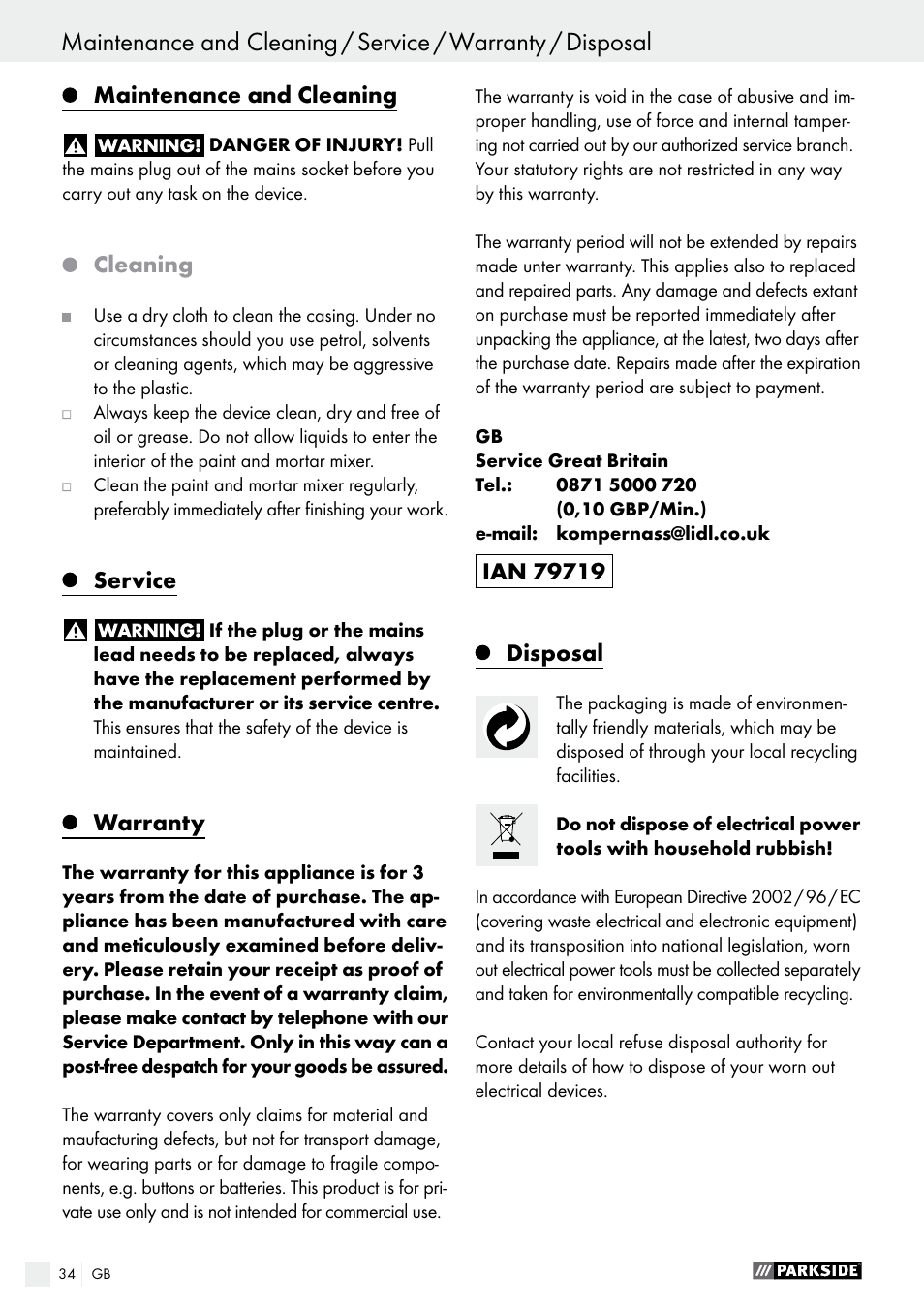 Maintenance and cleaning, Cleaning, Service | Warranty, Disposal | Parkside PFMR 1400 B1 User Manual | Page 34 / 36
