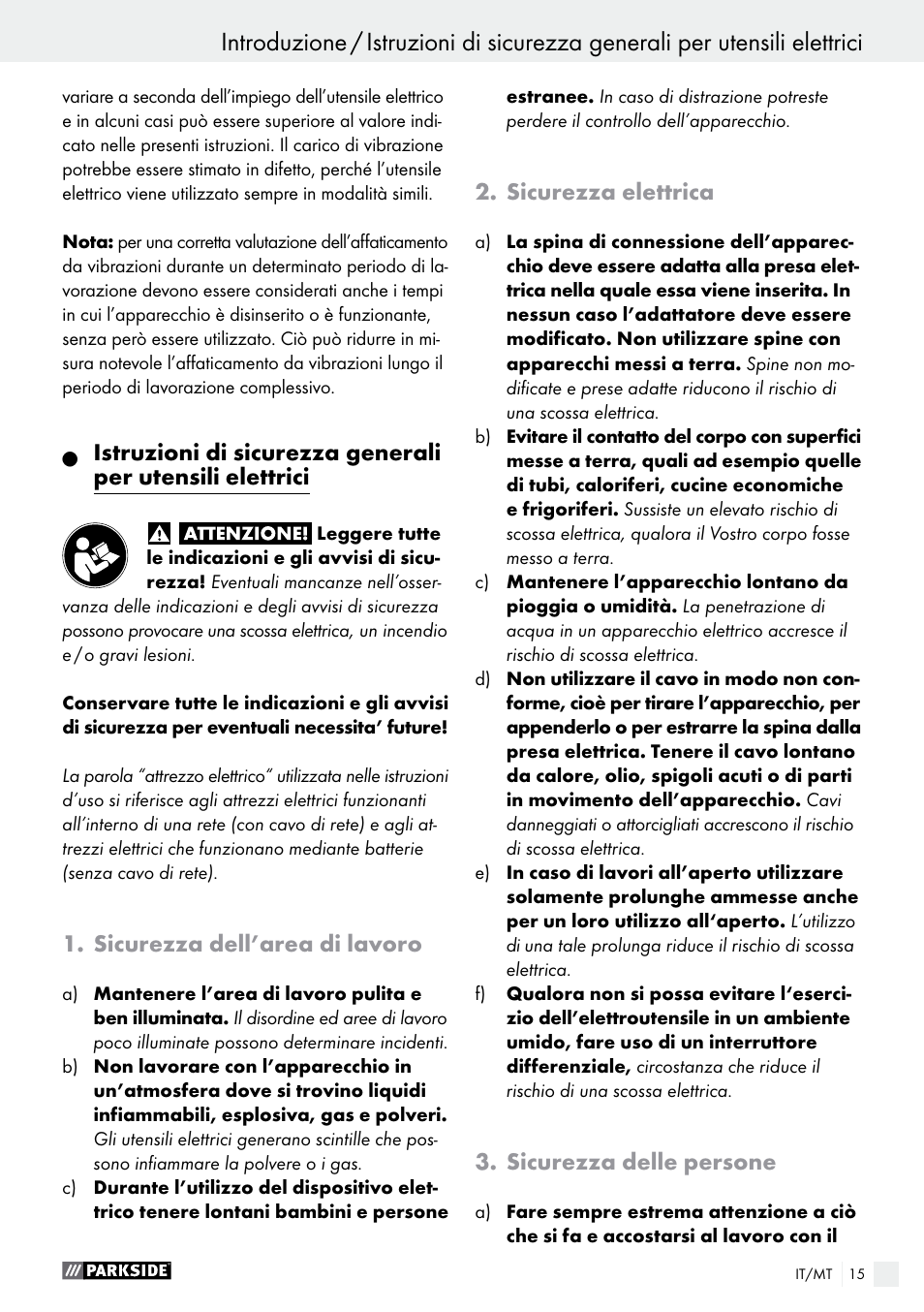 Sicurezza dell’area di lavoro, Sicurezza elettrica, Sicurezza delle persone | Parkside PFMR 1400 B1 User Manual | Page 15 / 36