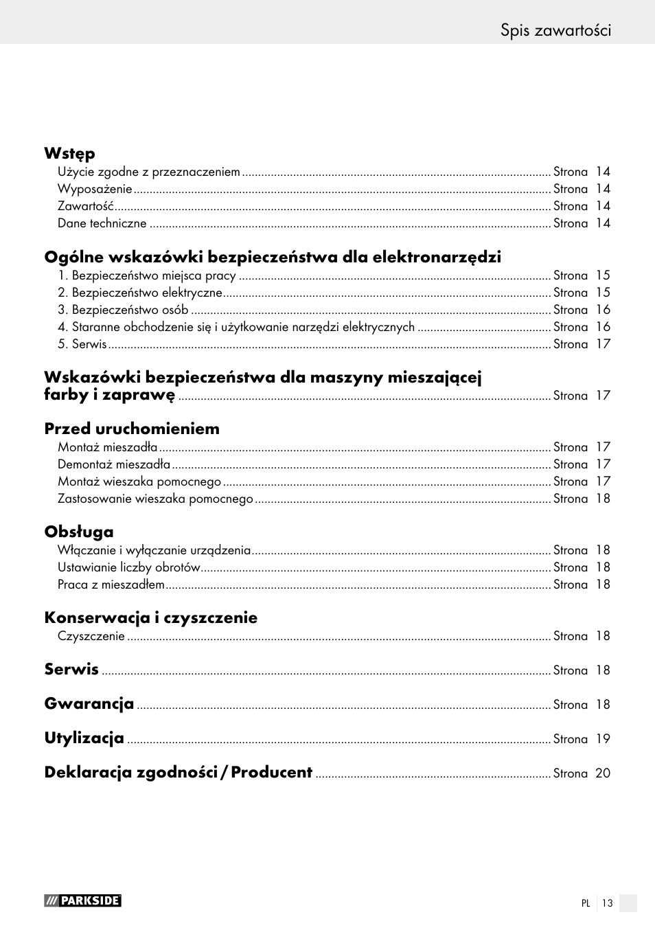 Spis zawartości | Parkside PFMR 1400 B1 User Manual | Page 13 / 62